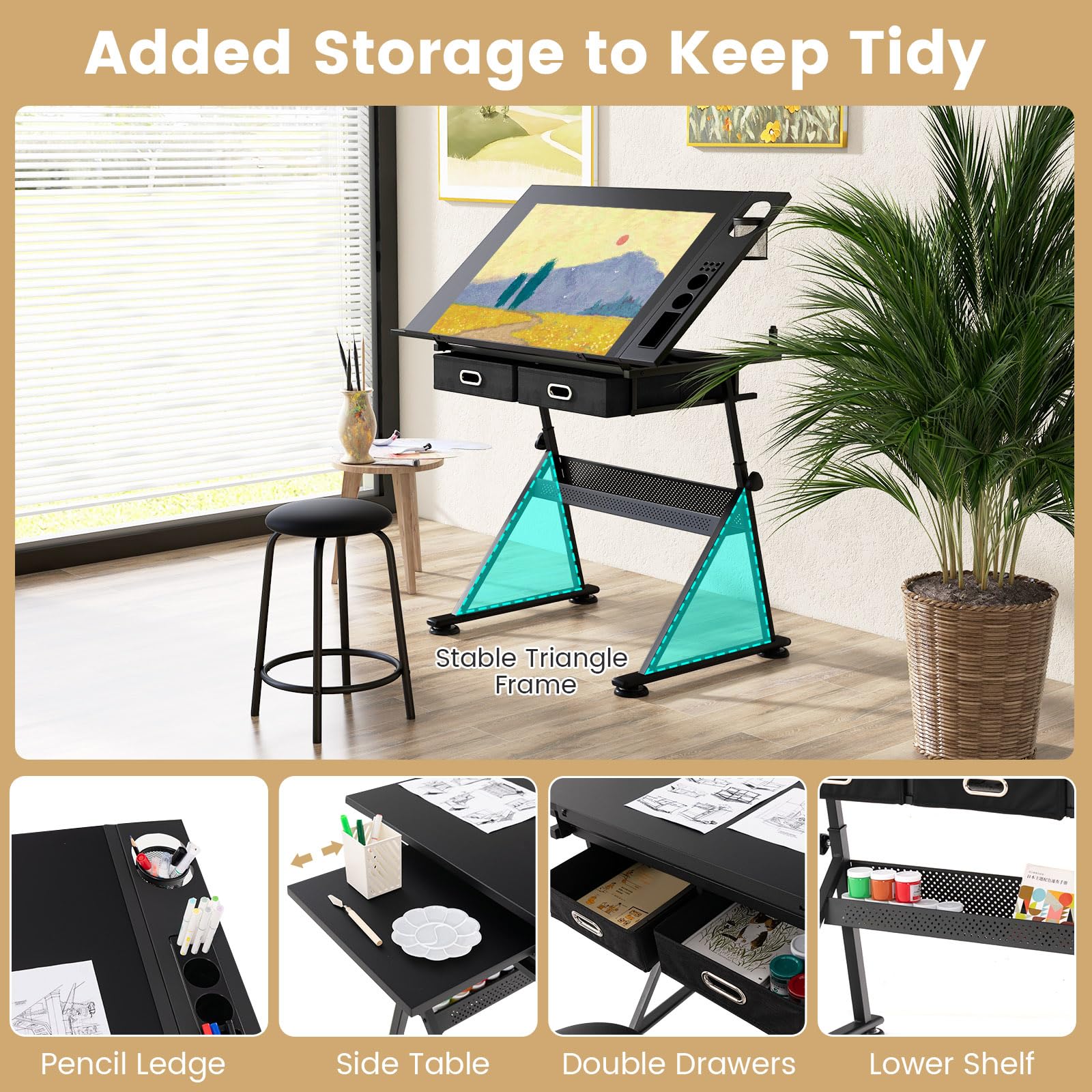 GIANTEX Mesa de Dibujo con Altura Ajustable 73,5-98 cm, Mesa de Pintura con Tablero Inclinable 6 Niveles, 2 Cajones, Mesa Lateral Extensible, Escritorio con Taburete para Artes, Arquitectos (Negro)