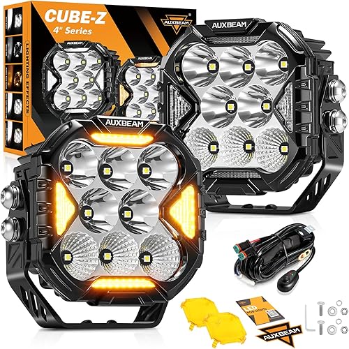 Auxbeam Luz LED de conducción de 4 pulgadas, serie Cube-Z de 112 W, haz combinado de inundación con cubiertas ámbar, cápsulas todoterreno ultra