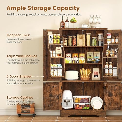 Vista 21 de usikey Armario de despensa de cocina de 72 pulgadas, armario alto de almacenamiento con 4 puertas y 1 cajón, armario independiente con 6 estantes