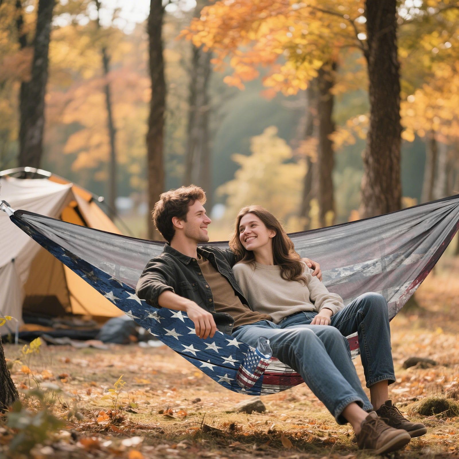 Delgada Bandera Americana Azul Hamaca Ligera y Portátil para Camping al Aire Libre, Ideal para Árboles, Senderismo, Playa y Viajes