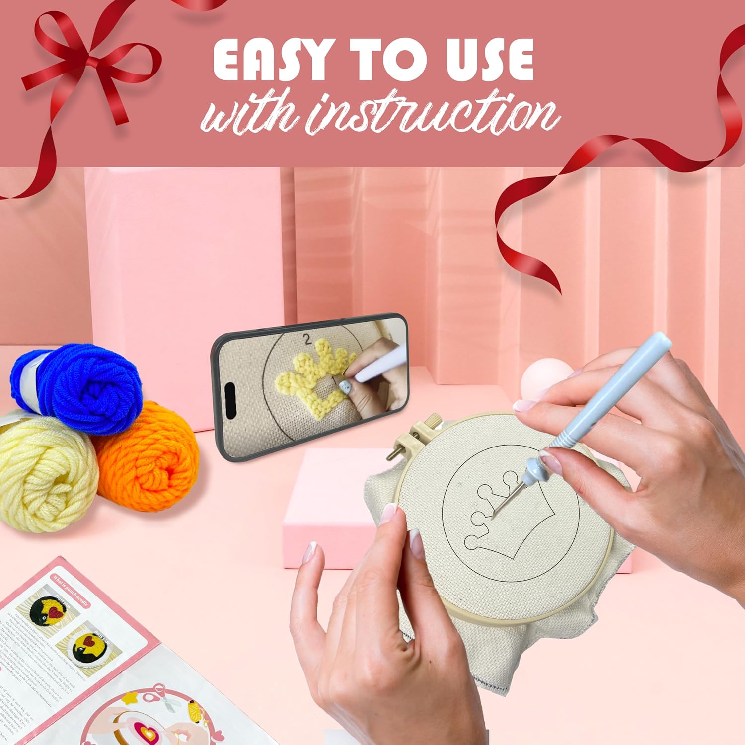 Punch Needle Kit for Beginners Adults Easy Needle Punch Embroidery Tool Set Including Threader Instruction Fabric Hoop Yarn Coaster DIY Making Kit Supplies,Set of 8 Vintage 80S Art Crafts Gifts