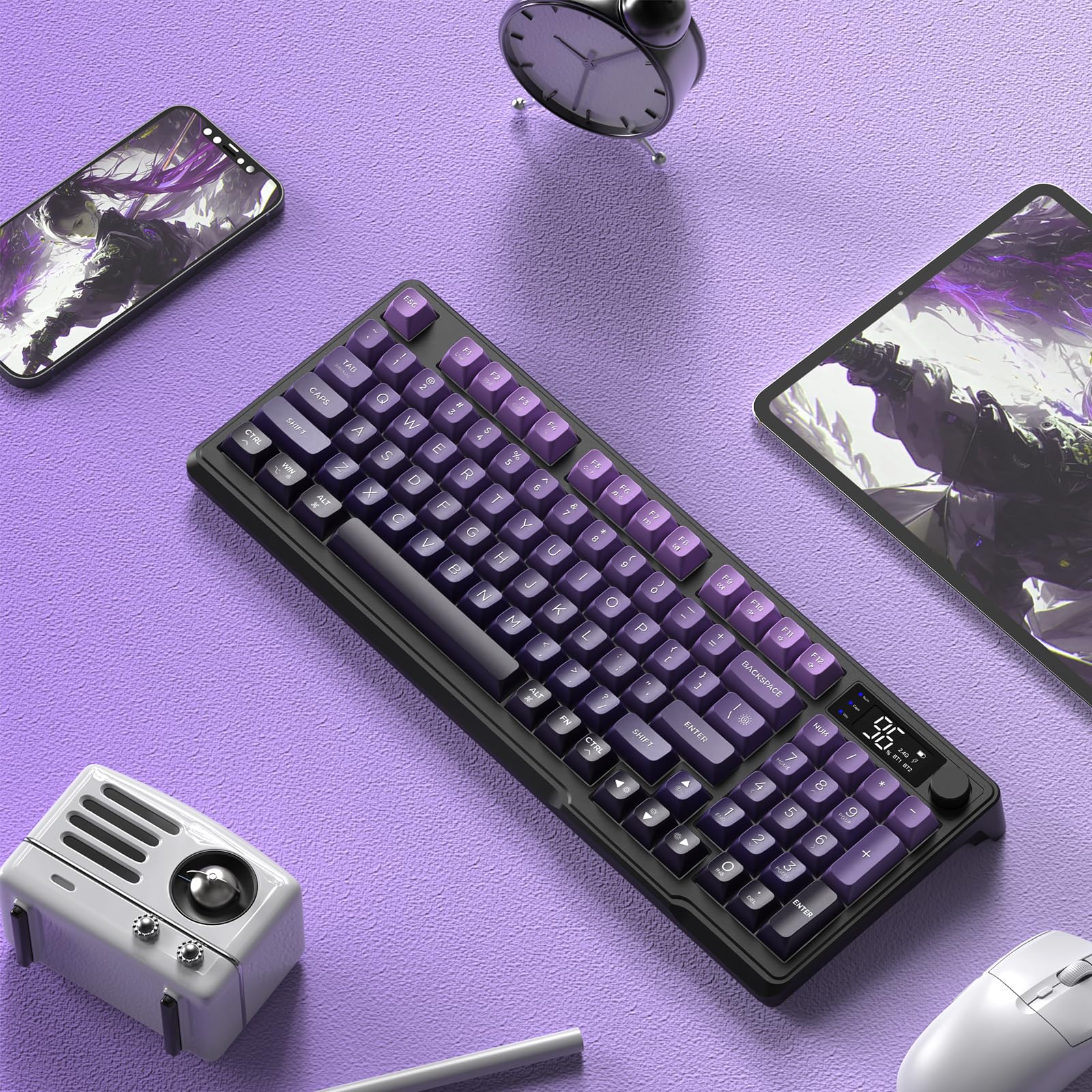 FREEWOLF M96 Tastiera Da Gioco Wireless, Controllo Tramite Manopola Bluetooth/Tastiera Meccanica Wireless 2.4G, Retroilluminazione a LED con Schermo, Copritasto PBT, 3000mAh, QWERTY - Sfumatura Viola