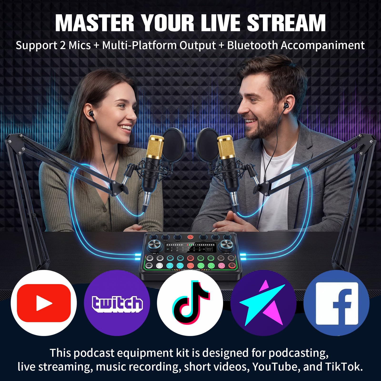 Podcast Equipment Bundle – Juego de micrófono para podcast, kit de mezclador con tarjeta de sonido en vivo, para streaming de podcast compatible con teléfono y ordenador portátil