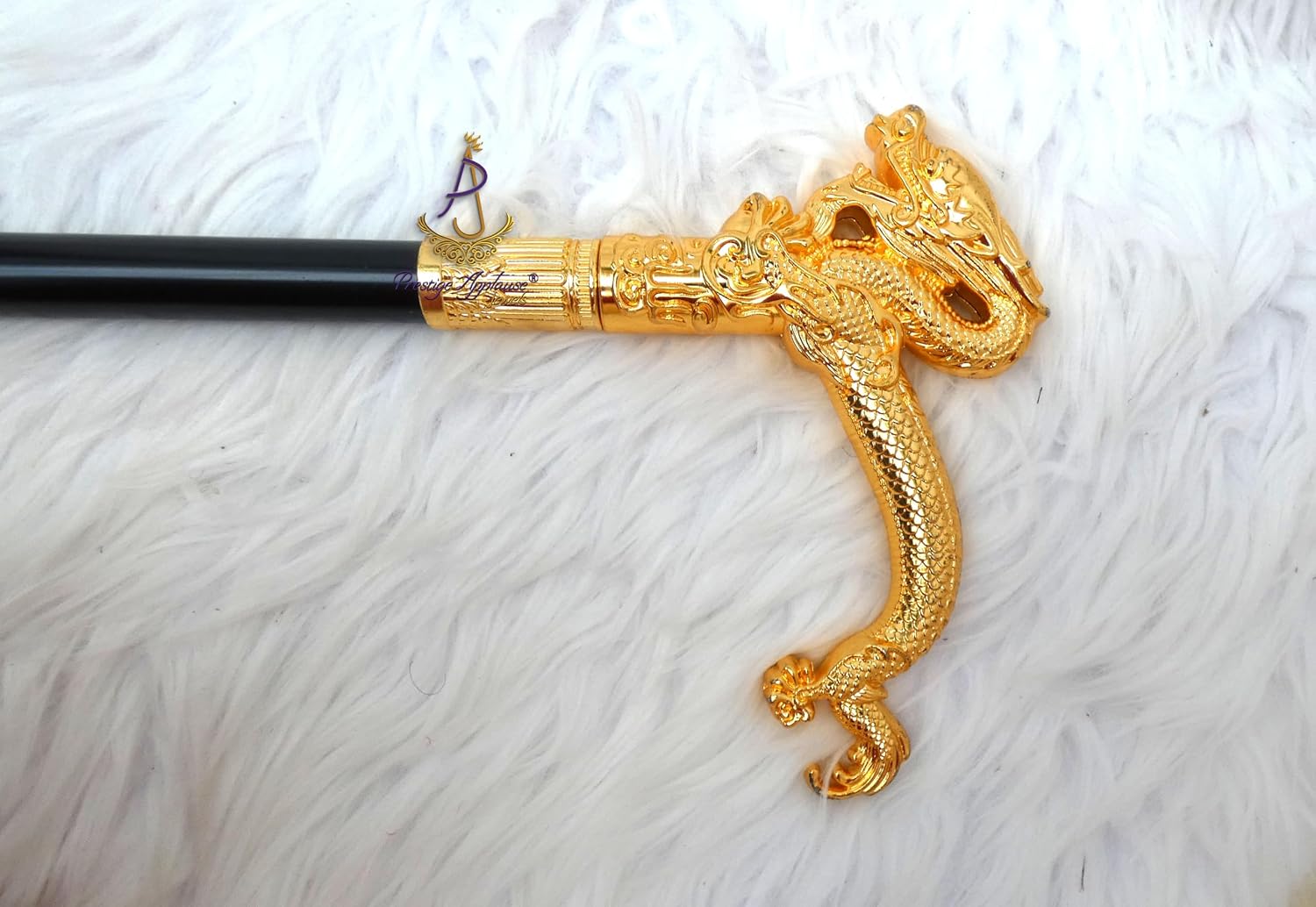 Prestige Applause Jewels Gold Dragon Head Walking Stick, Decorative Cane with Ornamental Handle, Black Shaft with Gold Accents, Gentleman's Walking Staff