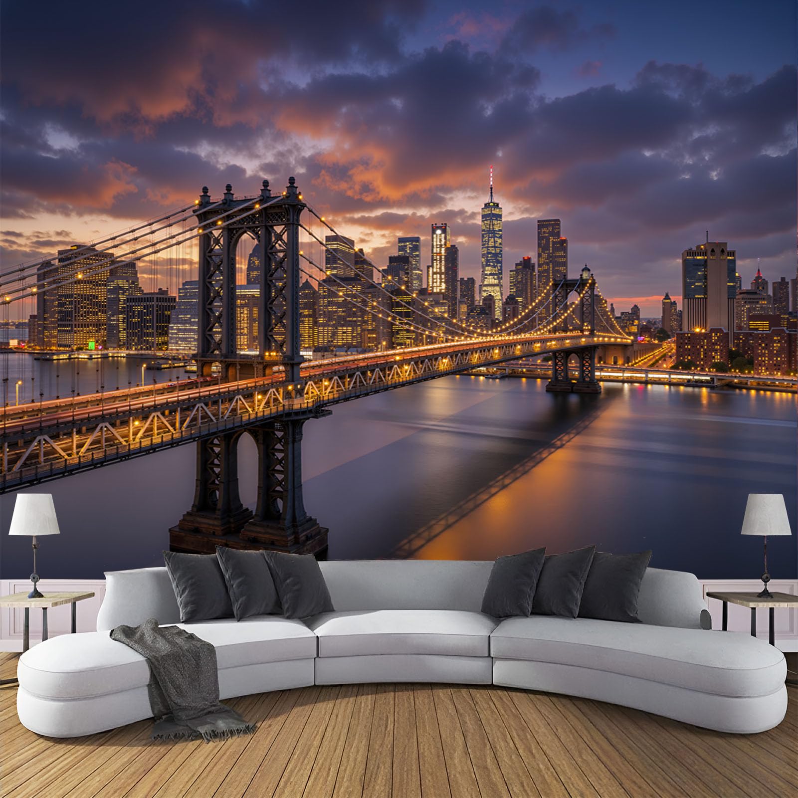 Papier Peint Panoramique New York 400x280 cm pour Salon, Grand Poster Mural Photo Bleu-violet