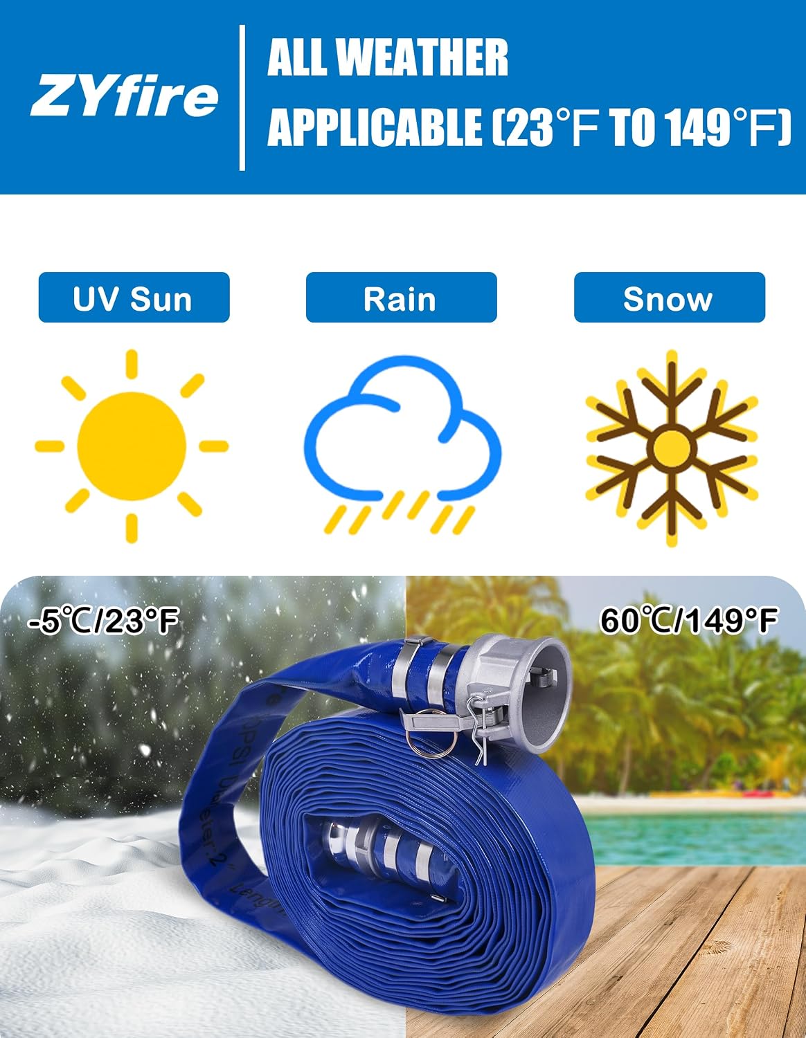 ZYfire Backwash Hose - 1-1/2" x 50 FT PVC Lay Flat Discharge Hose with Aluminum Camlock C & E Fittings Heavy Duty Reinforced Pump Discharge Hose Weather and Burst Resistant for Pool Drain, Sump Pump