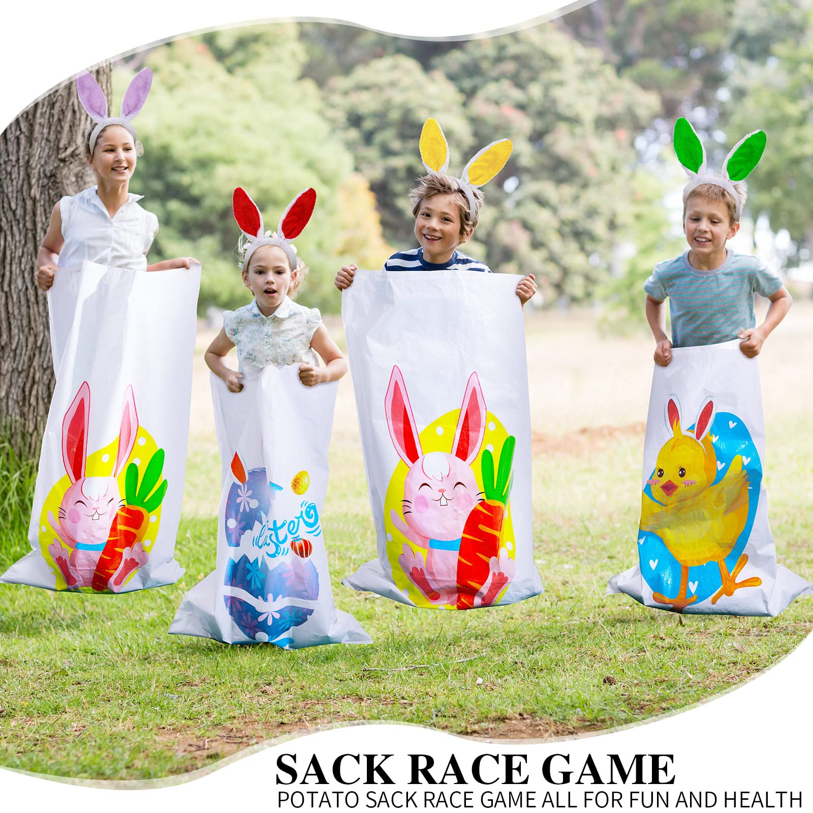 37 Pcs Easter Outdoor Party Games Includes Potato Sack Race Bag, Eggs and Spoons, Bunny Ear Band, Easter Bunny Banner, Legged Race Bands, Bean Bags, Medals for Easter Birthday Adults Kids Yard Award