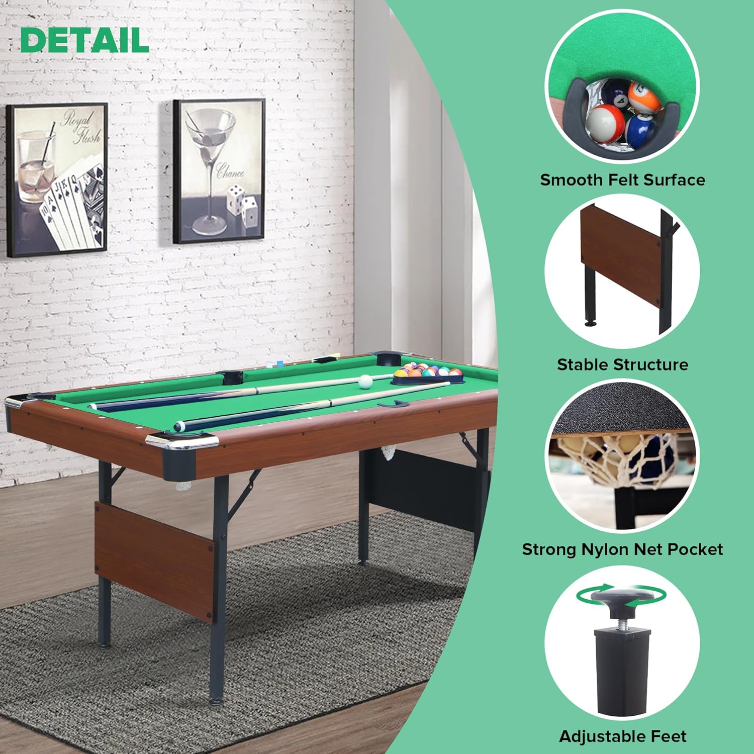 Ditkoko Billiard Table, 64" Folding Pool Table with with Balls, Cues, Chalk, Brush and Triangle, Pool Table Set for Family Game Room, Adult Rrec Room, Basements, Man cave or Garage