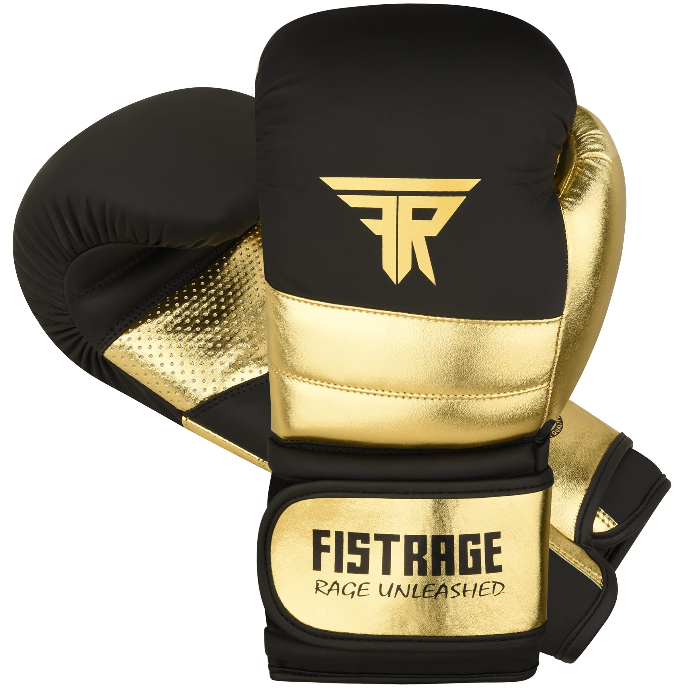 FISTRAGE Rękawice bokserskie, metaliczne, skórzane, MMA, trening muay thai, kickboxing, sparingi, ciężka torba, rękawice treningowe, rękawice dla mężczyzn i kobiet, złoto-czarne, 295 ml