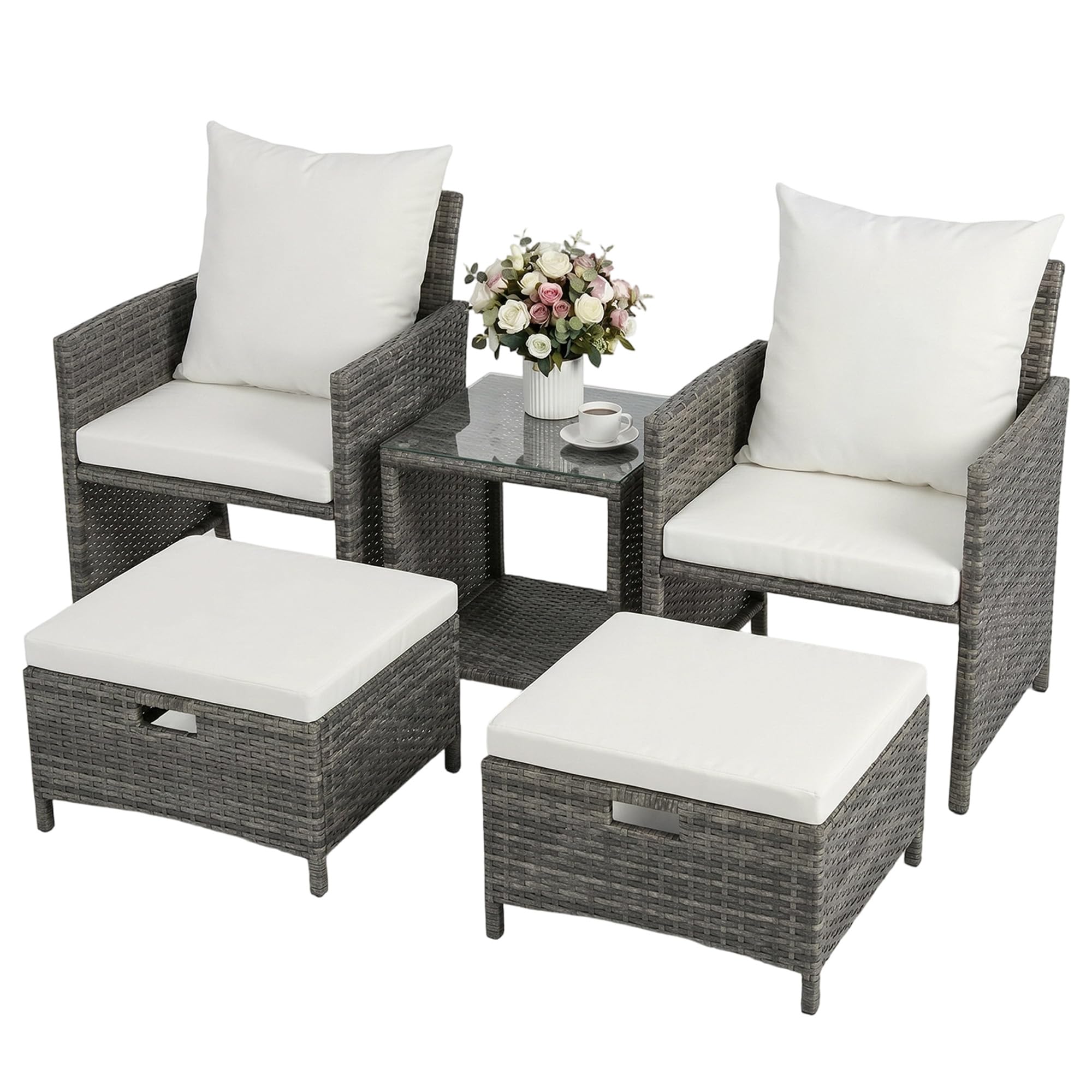 Grennswick 5-Piece Outdoor Rattan Garden Furniture Set with Storage - Includes 2 Armchairs, 2 Multi-Functional Ottomans & Coffee Table - PE Wicker Patio Conversation Set for Deck, Balcony, Backyard