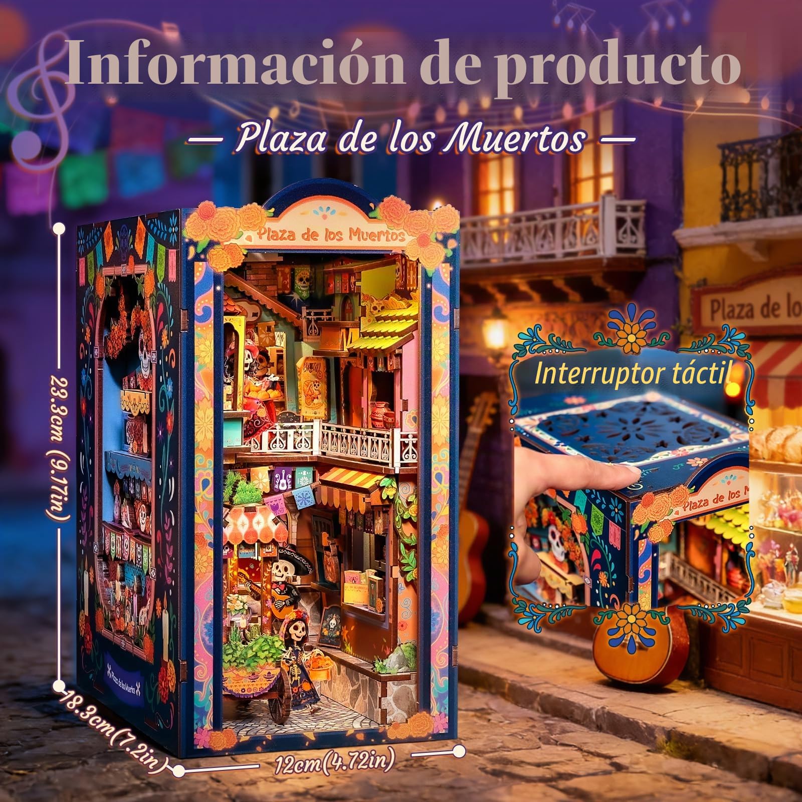 Fsolis Kit Book Nook Casa de muñecas Miniatura (Plaza de los Muertos) | Puzzle 3D Madera para Adultos con Luz LED, Decoración de Estantería & Regalo Creativo