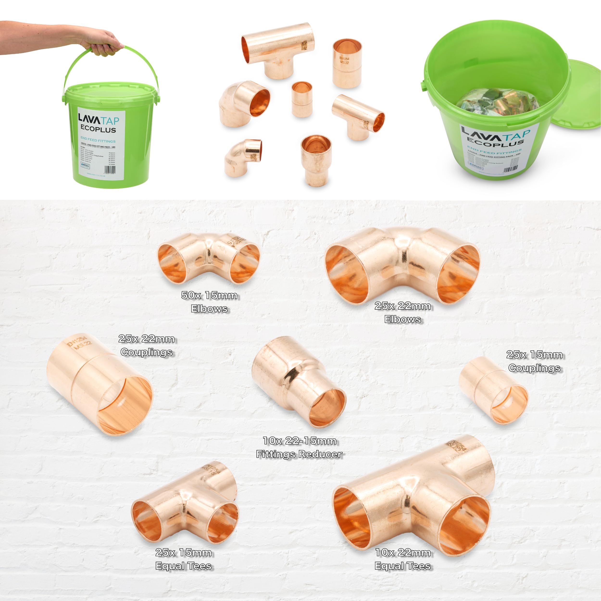 180 piezas de accesorios de tubería de cobre de 15 mm y 22 mm para fontanería, acoplador de alimentación final, codo reductor, cubo de fontaneros