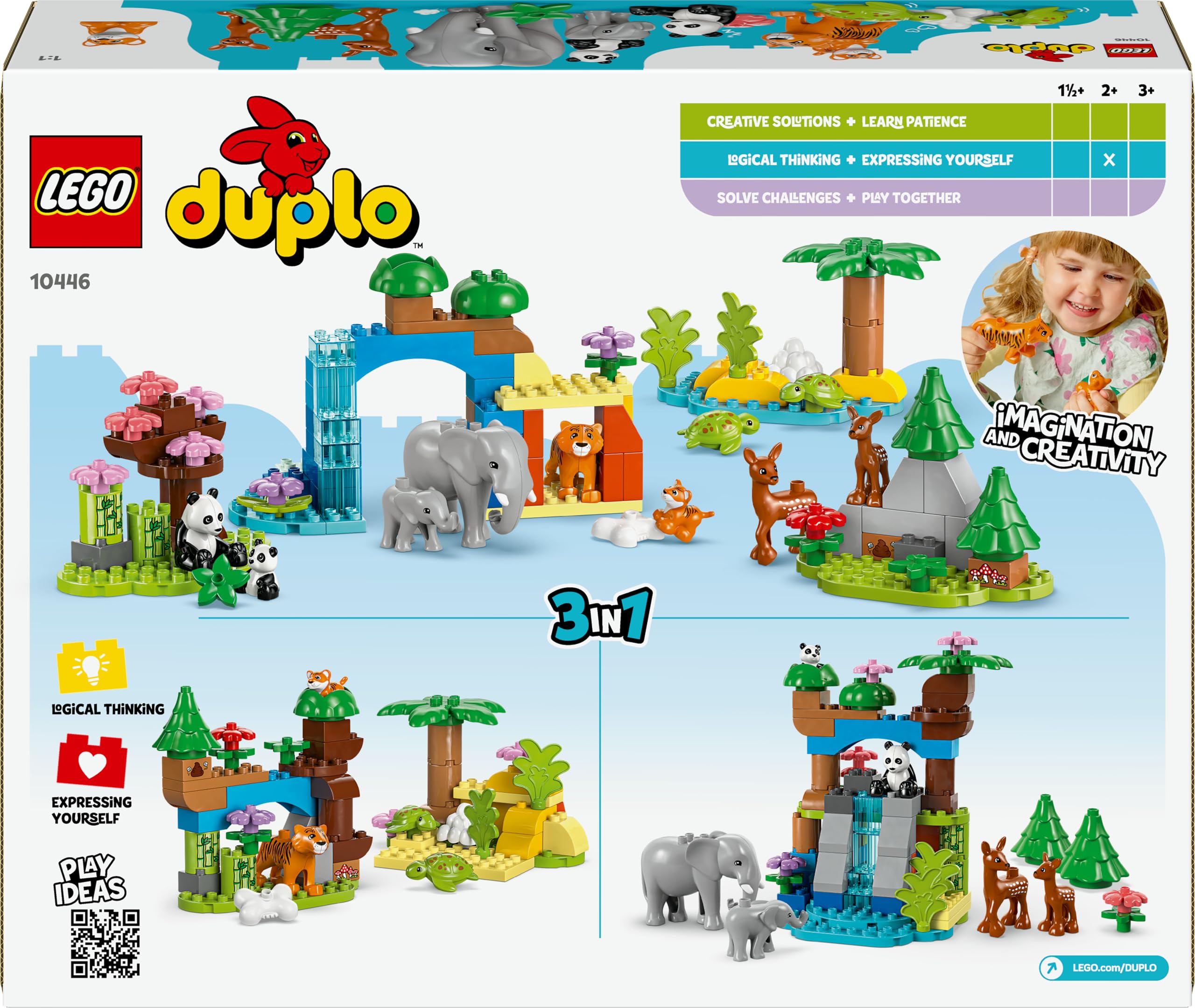 LEGO Duplo Familias de la Fauna Salvaje “3 en 1” - Juego Educativo para Niños y Niñas de 2+ Años - Figuras de Animales de Juguete Inc. Elefantes, Tortugas, Tigres, Ciervos y Pandas con Hábitats 10446