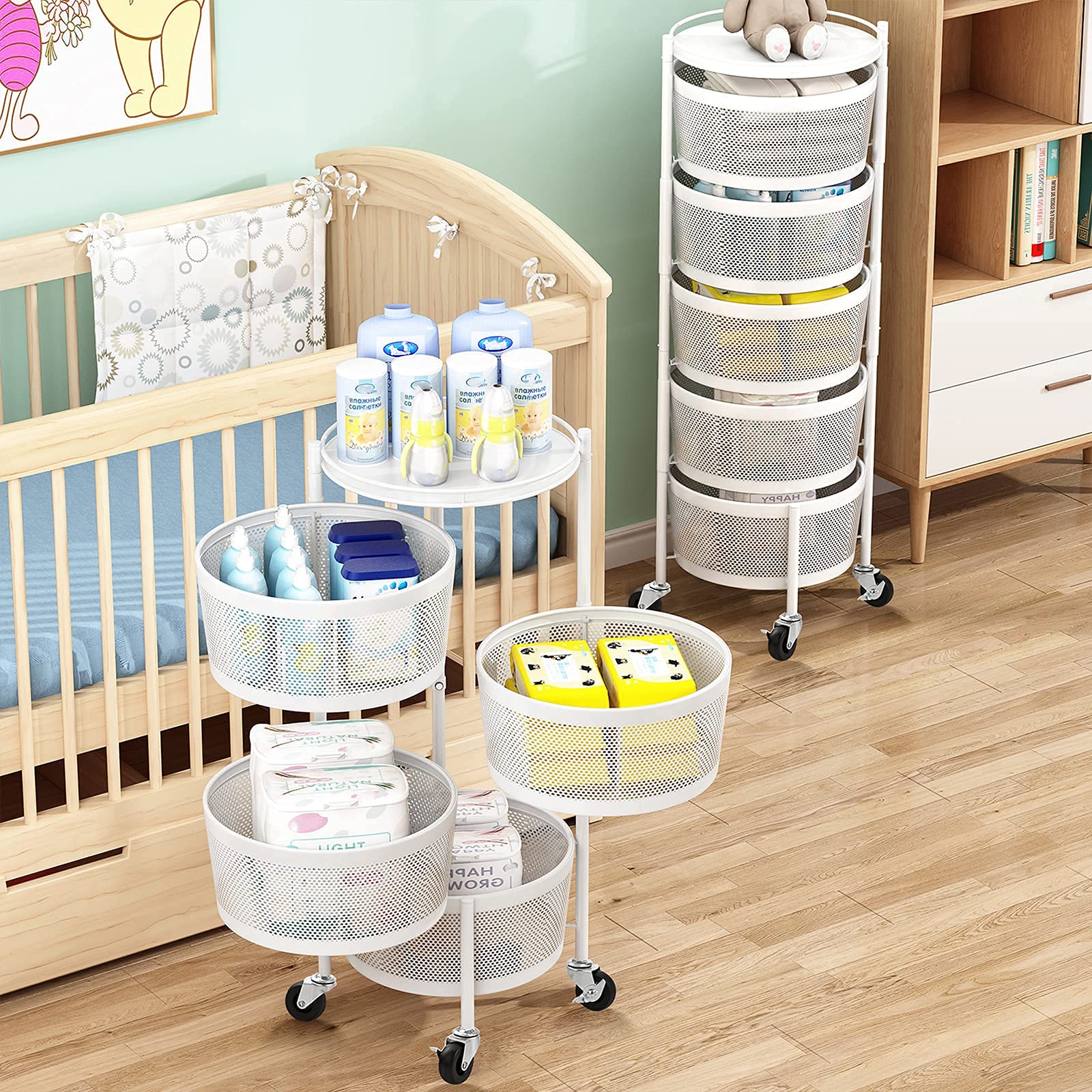 Upgrade Sun yoba 4-Layer Kitchen Rotating Metal Storage Basket, Hanging Storage Basket for Fruit and Vegetable, Storage Rack Shelf for Living Room, Bathroom, Household Storage