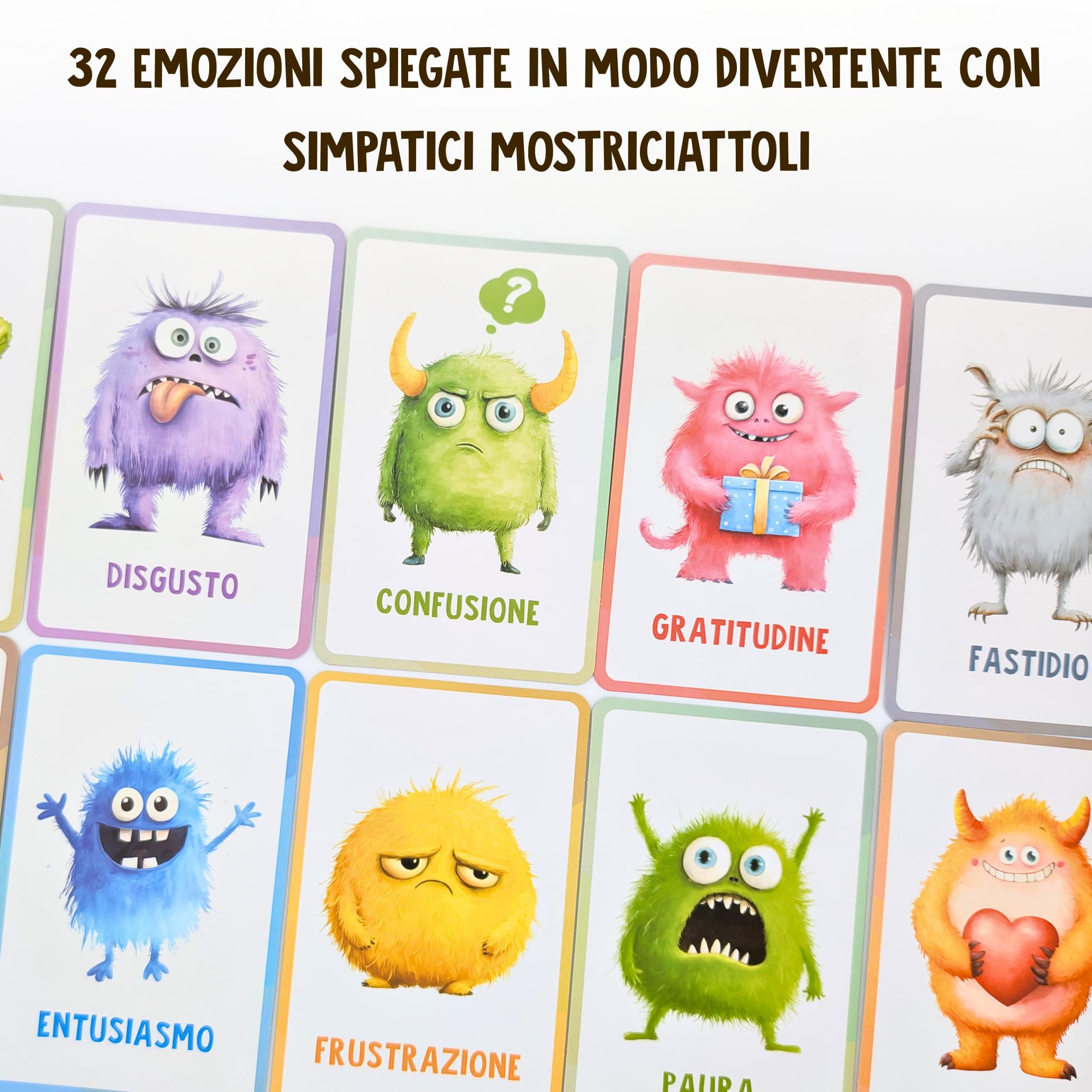 Carte delle Emozioni per Bambini – 40 Carte (32 Emozioni + 8 Extra) con Mini Giochi e Distintivi – Mostriciattoli delle Emozioni – Gioco Educativo per Intelligenza Emotiva – Lingua Italiana – Regalo