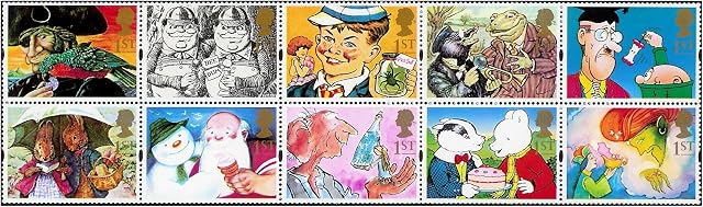 1993 Greetings - Gift Giving Stamps for Postage - 10 x Royal Mail 1st Class stamps featuring Peter Rabbit, Rupert the Bear, Long John Silver etc