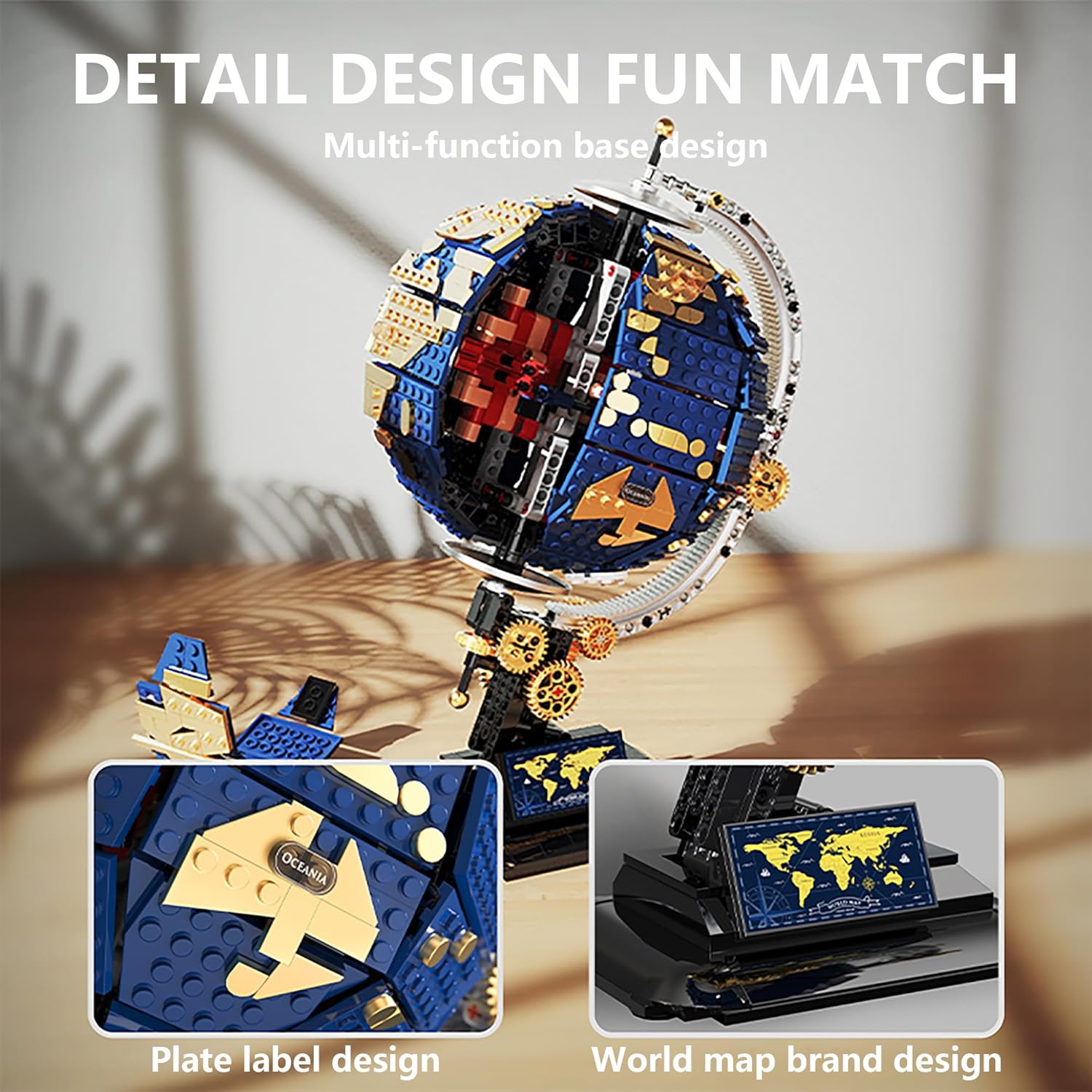 World Map Block Puzzle Set (1455 Pieces), Spinning Globe Model Set, STEM Education Toys for Children, Geography Learning Games, Birthday Presents for Boys and Girls 8-12-14 Years Old