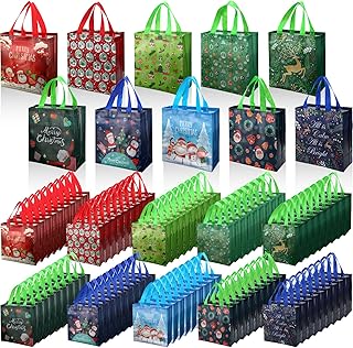 Windyun 100 Pack Non Woven Christmas Gift Bags Reusable Christmas Tote Bags with Handles Bulk Wrapping Christmas Bags Holiday Xmas Gift Bags with Handle for Party Grocery Shopping 9