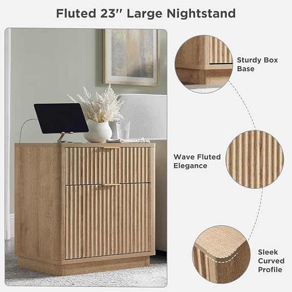 T4TREAM 23'' Fluted Nightstand with Charging Station, Modern, Natural Oak