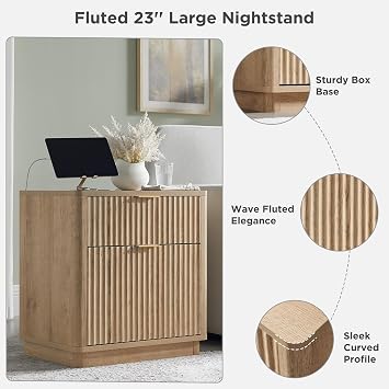 T4TREAM 23'' Fluted Nightstand with Charging Station, Modern, Natural Oak