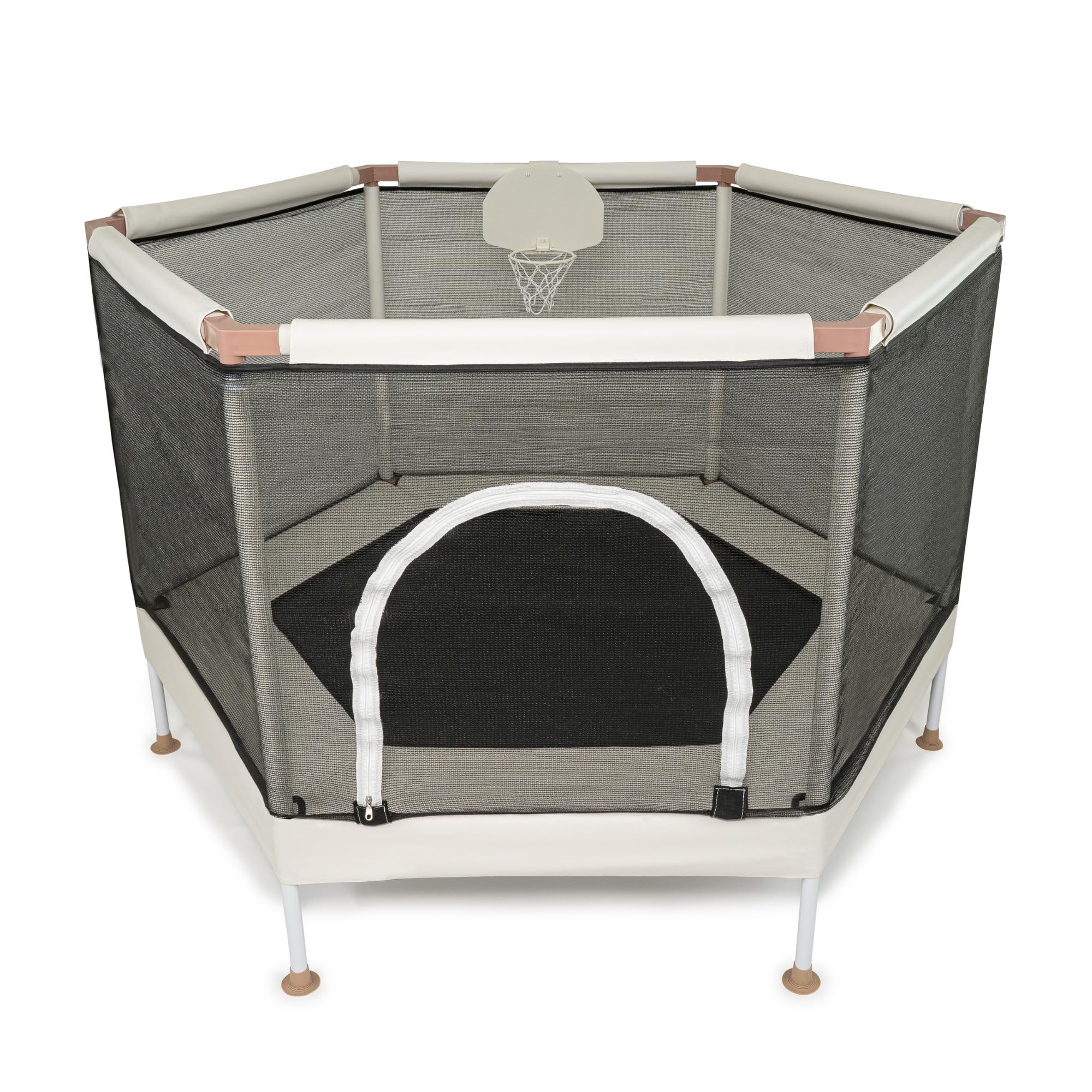 Kids Trampoline, Aesthetic Indoor and Outdoor Toddler Trampoline with Safety Net, Basketball Hoop, 220lb Capacity, Ultra Safe No-Gap Design, Gifts for Boys & Girls