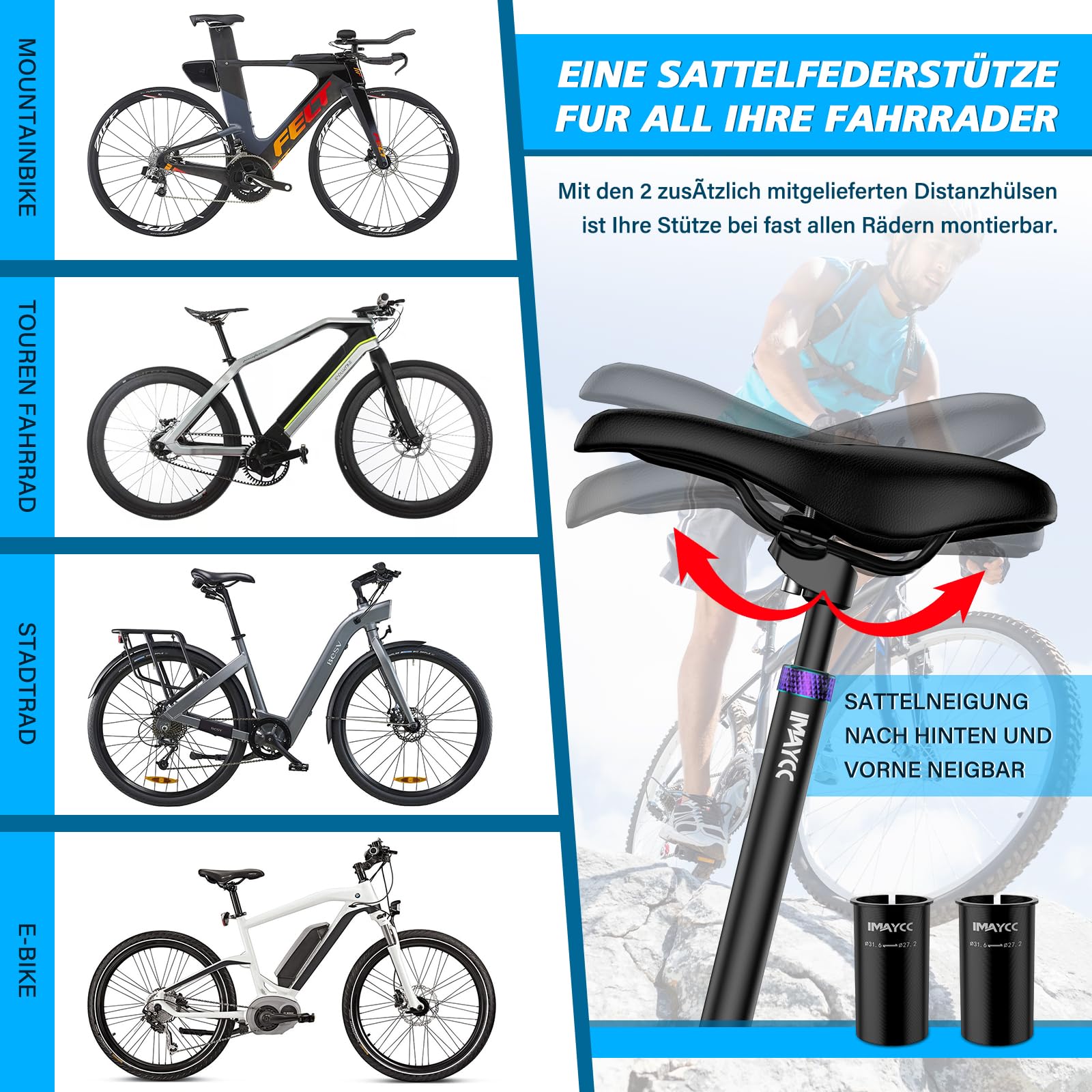IMAYCC Zadelpen geveerd, premium geveerde zadelpen, verende zadelpen (27,2 / 30,9 / 31,6 mm ) met 2 afstandshulzen, geschikt voor elke fiets, comfortabele rijervaring
