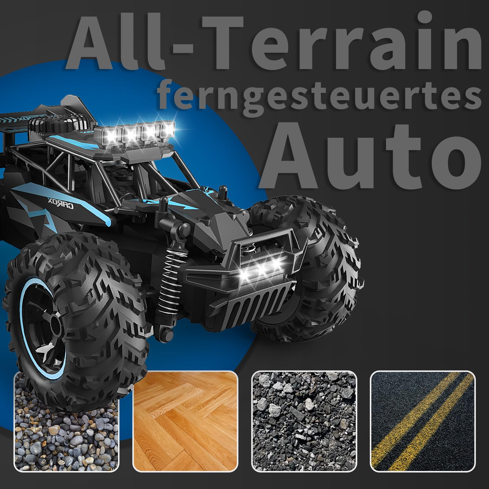 Carox Ferngesteuertes Auto,2.4 GHz 25 km/h RC Auto,1:18 Off Road Monstertruck mit Scheinwerfer und Fahrgestellbeleuchtung Crawler Truck Spielzeug