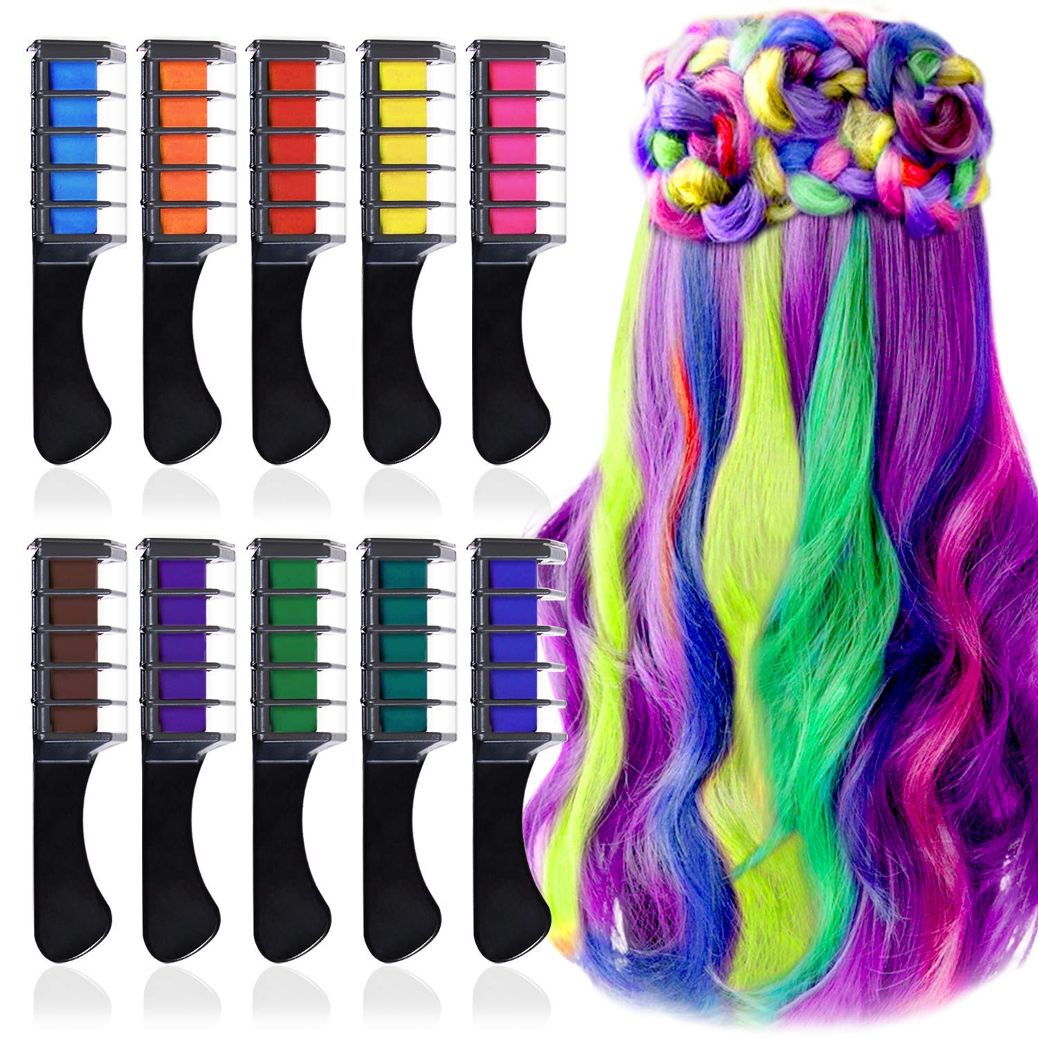 DCJAHFE Temporary Hair Chalk for Girl, 10 Colors Washable Color Hair Comb Rainbow Hair Dye Chalk Comb for New Year Birthday Masquerade Cosplay DIY Decorate