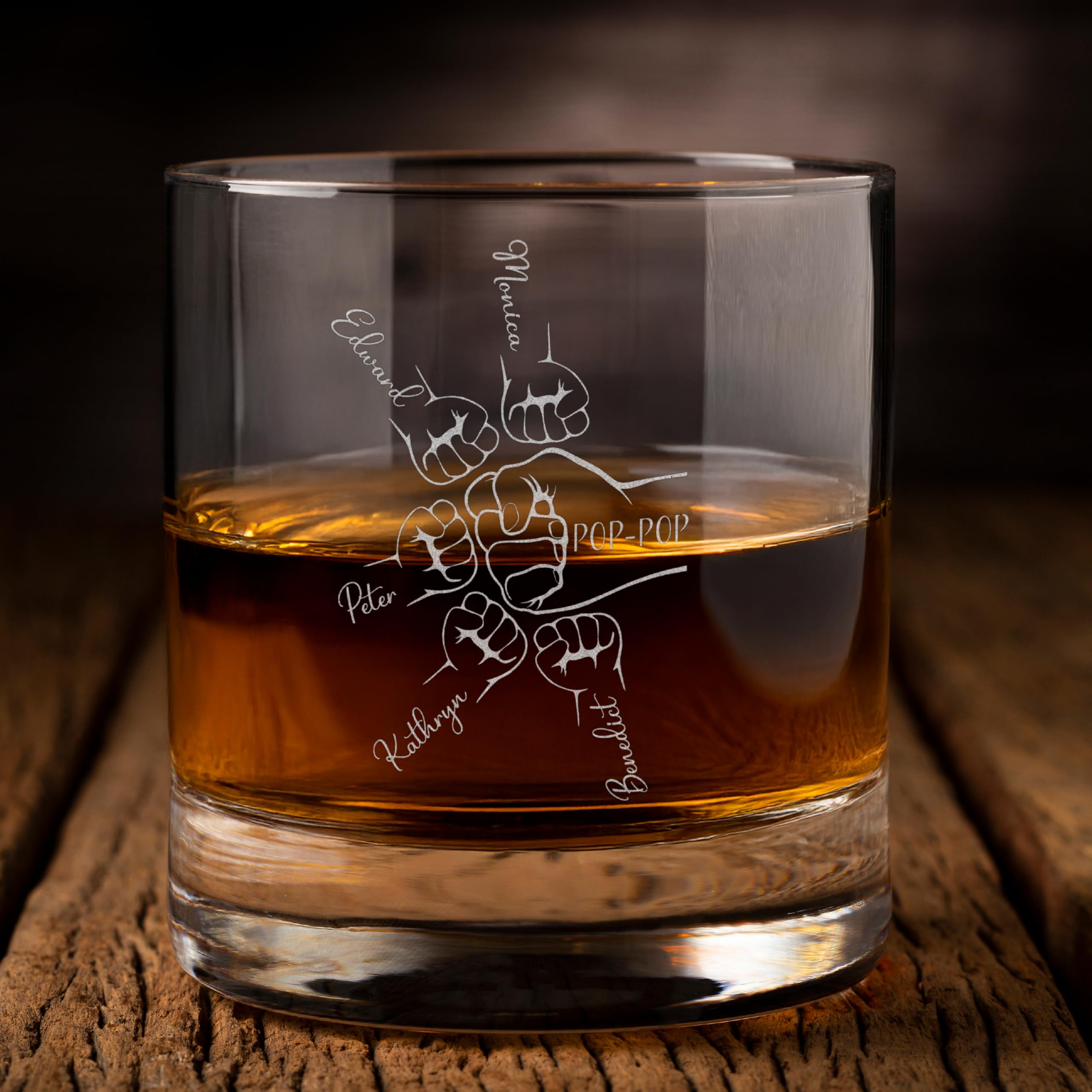 Personalized Whiskey Glass for Dad or Grandpa, Custom Fist Bump Design with 1–5 Kids' Names – 11 Oz Engraved Rocks Glass - Father’s Day Gift from Kids, Custom Gift for Pops, Papa