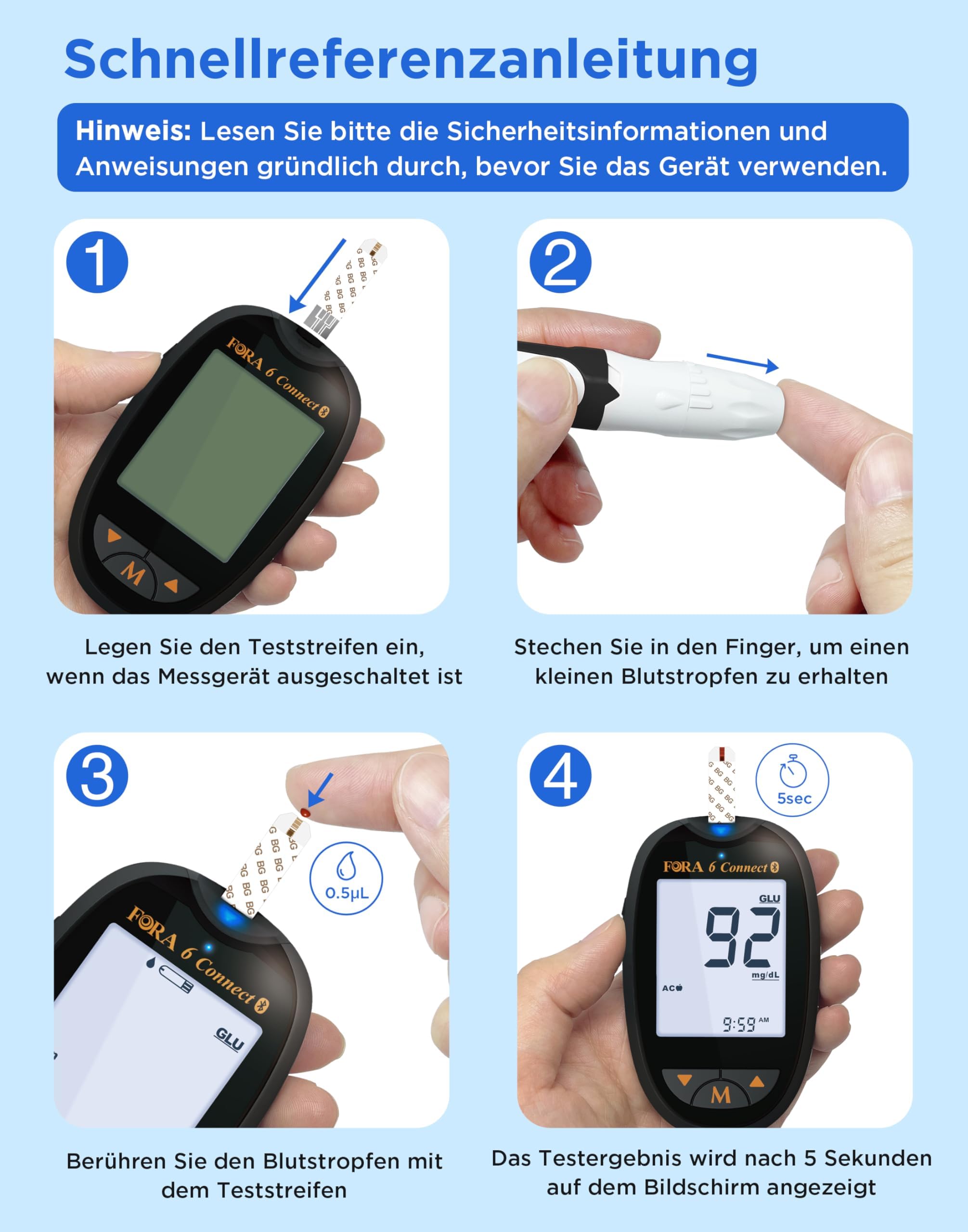 FORA Blutzuckermessgerät Set (mg/dl) – inkl. 50 Stück Blutzucker-Teststreifen, 25 Stück 3-in-1 Teststreifen (Glukose, Hämatokrit, Hämoglobin, einzeln verpackt) & 10 Stück β-Keton-Teststreifen