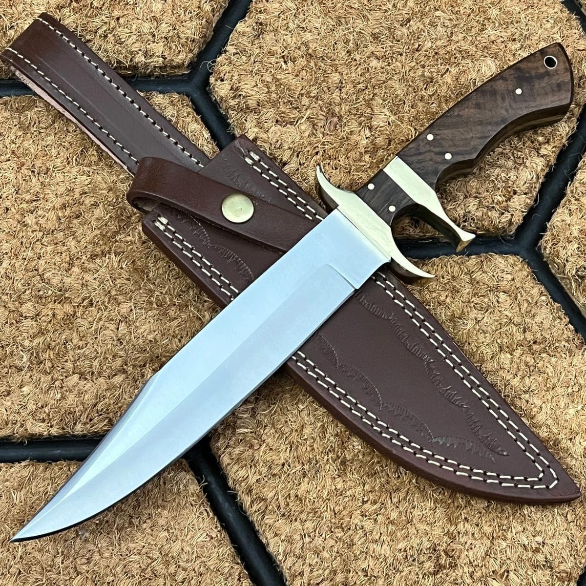 Handmade Hunting Bowie Knife, Fixed Blade Hunting Knife, Wood Handle Subhilt Hunting Knife with Leather Sheath, Knife with Leather Sheath - Fixed Blade Hunting Knife