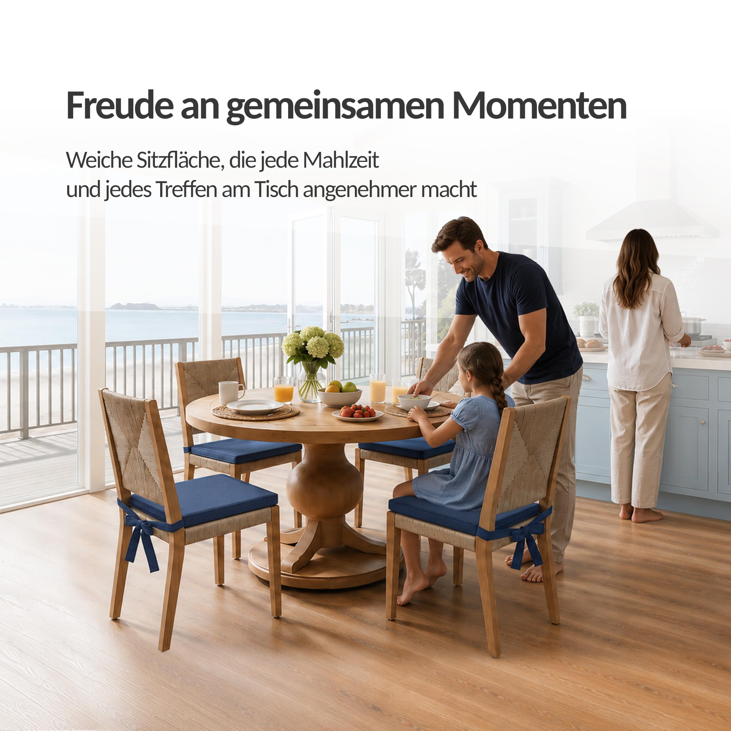 POKAR 4er Set Stuhlkissen mit Bindebändern 40x45x40 cm (5 cm Dicke) | Sitzkissen für Gartenstühle, Rattanstühle und Esszimmerstühle | Stuhlauflage Indoor & Outdoor | Oeko-TEX | Made in EU | Blau