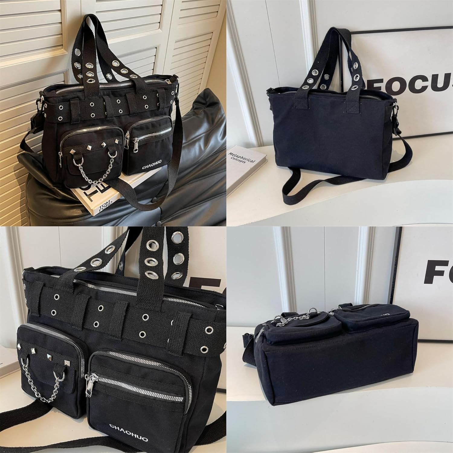 Gothic Tote Bag for Women - Punk Y2K Crossbody Purse, Fashion Grunge Canvas Shoulder Bag for Work & Travel