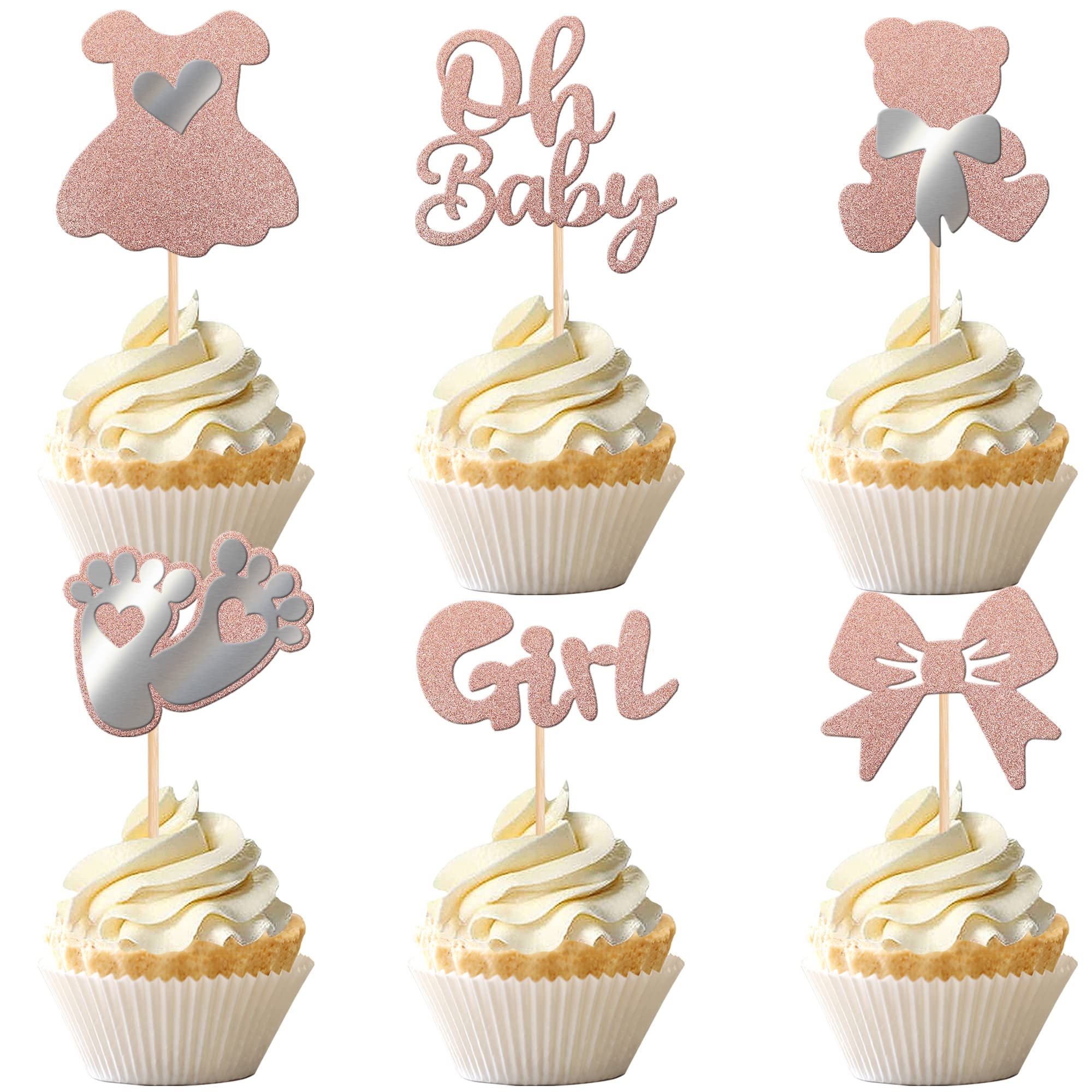 ZHUOWEISM 24 PCS Oh Baby Cupcake Toppers with Glitter Bow Dress Feet ...