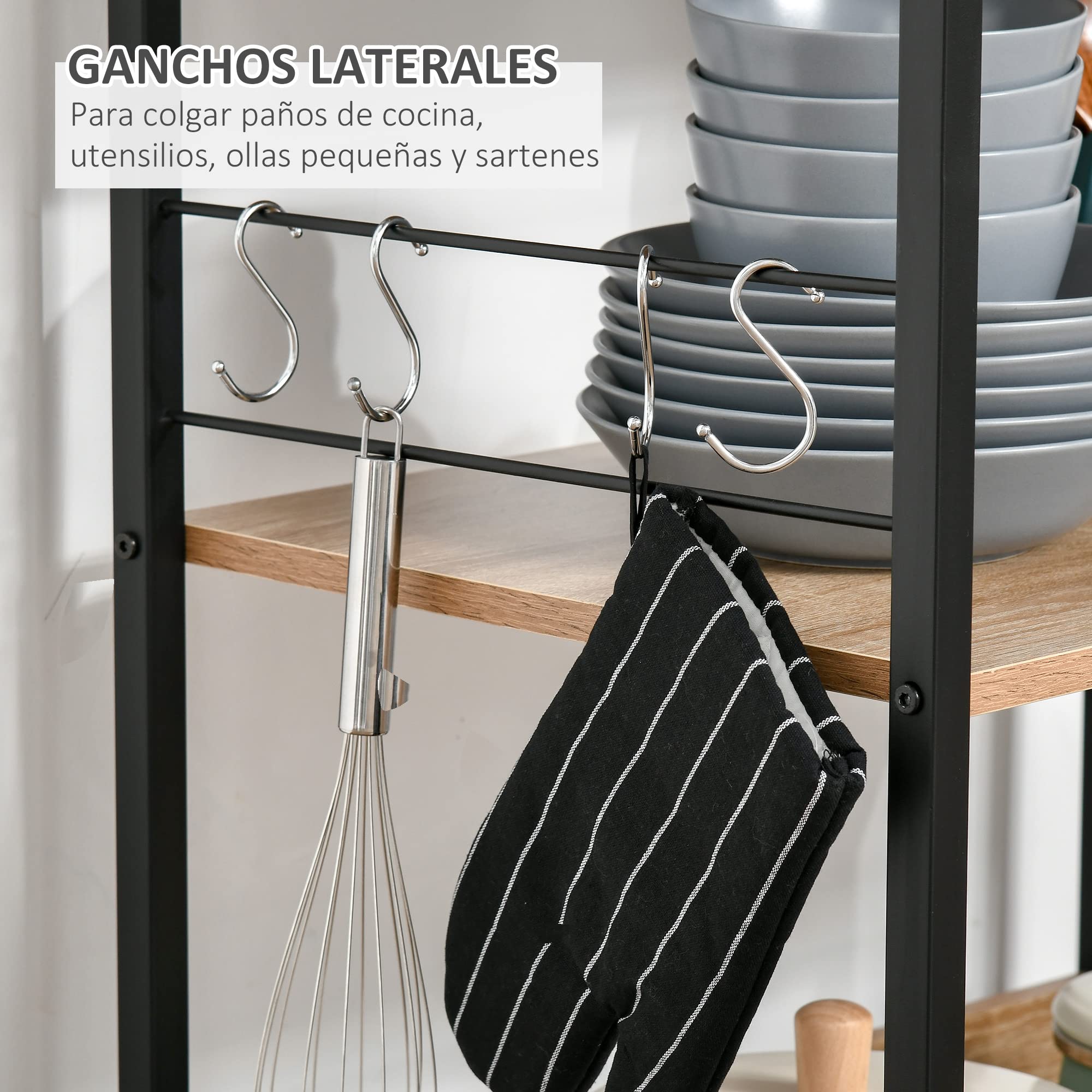 HOMCOM Estantería de Cocina de 4 Niveles Estante de Cocina con Ganchos Estantería para Microondas 60x40x125 cm Madera Natural