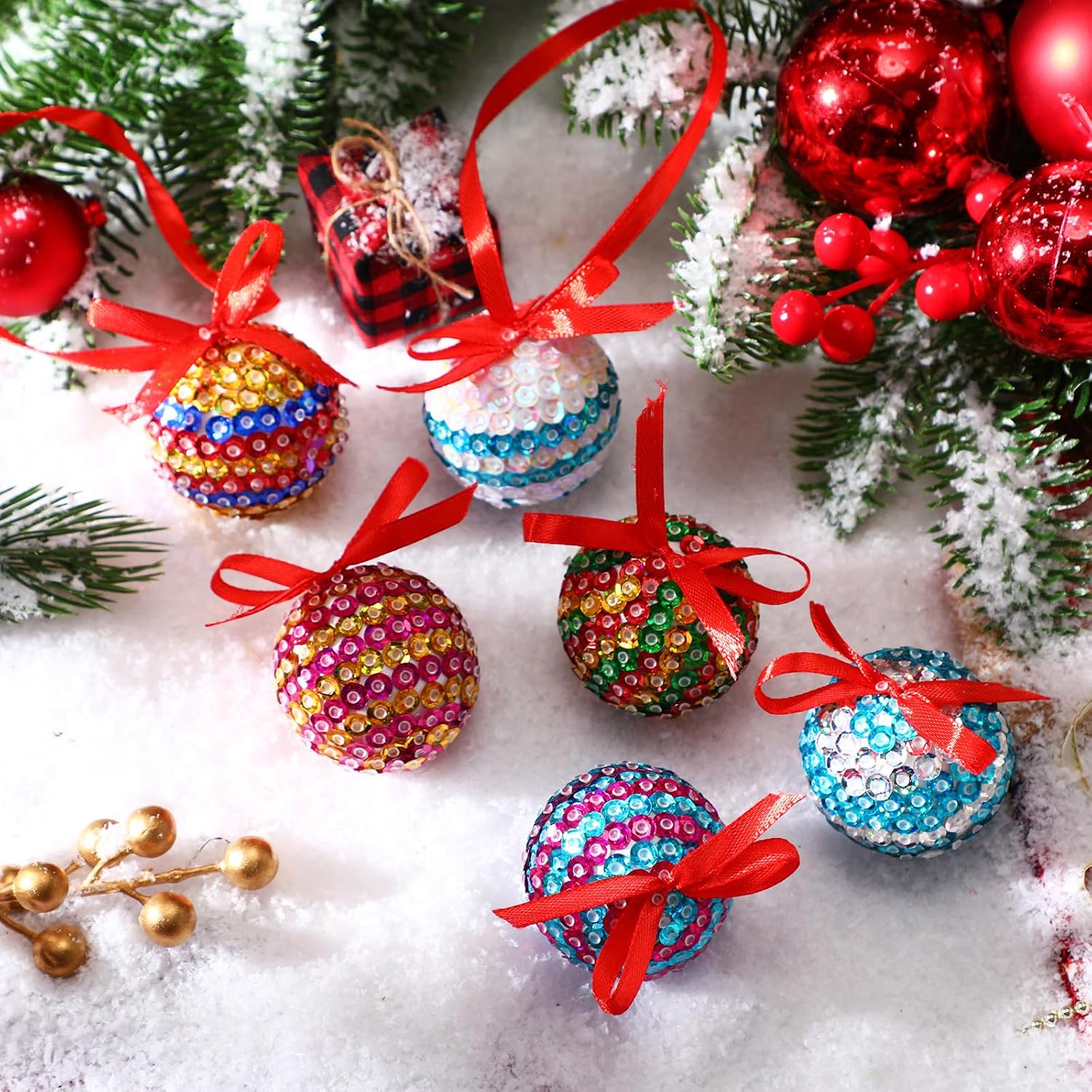 Liliful 20 Sets Christmas Crafts Sequin Ornaments Kit Includes Foam Balls Sequins Christmas Crafts Christmas Tree Ornaments DIY Crafting for Christmas Holiday Party (Classic)