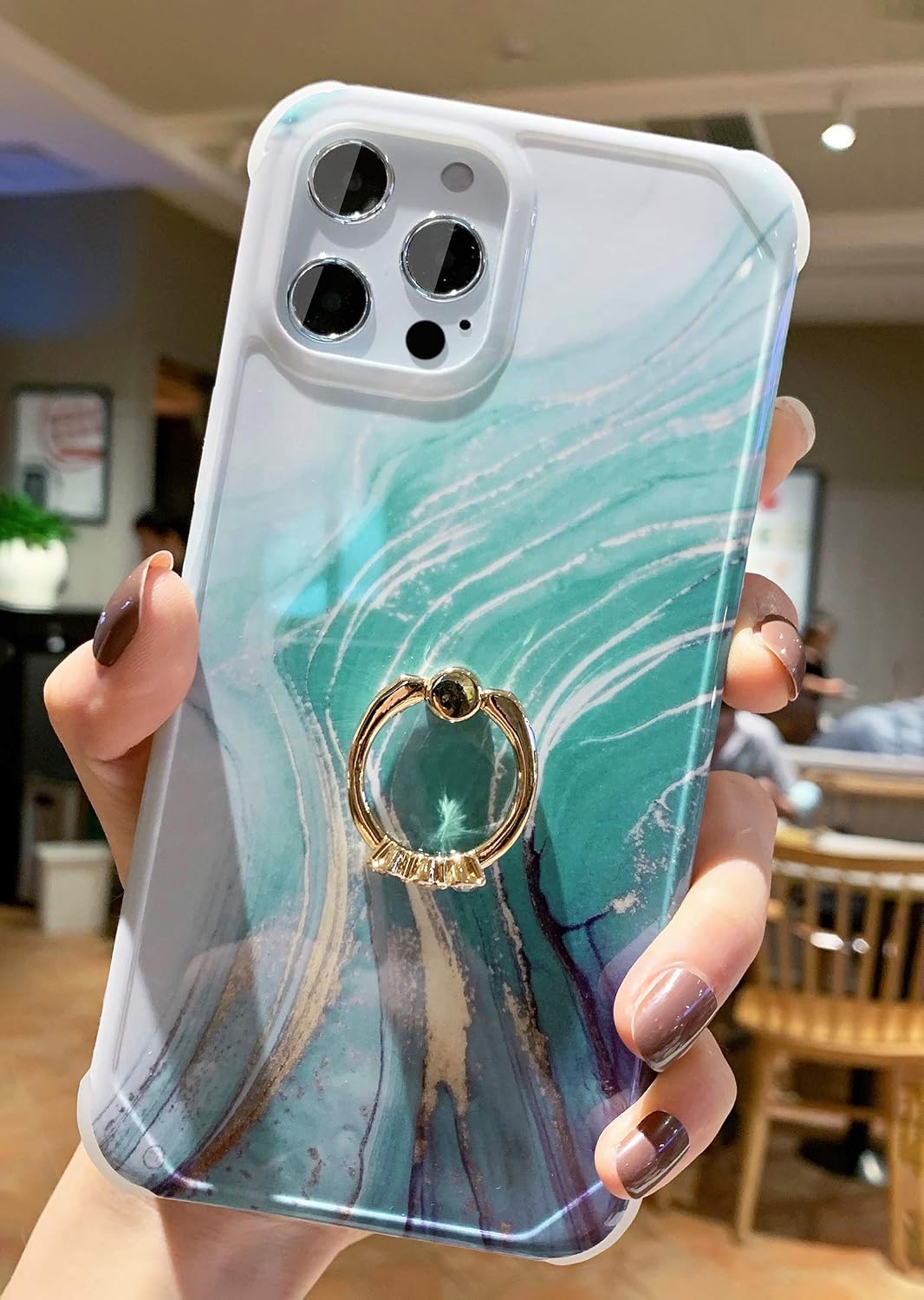 Amazon Com Compatible With Iphone 12 Pro Max Case Marble Pattern With Built In Metal Ring Holder Kickstand Supports With 4 Corners Shockproof Protection Cover For Iphone12pro Max 6 7 Inch Light Green Cell Phones
