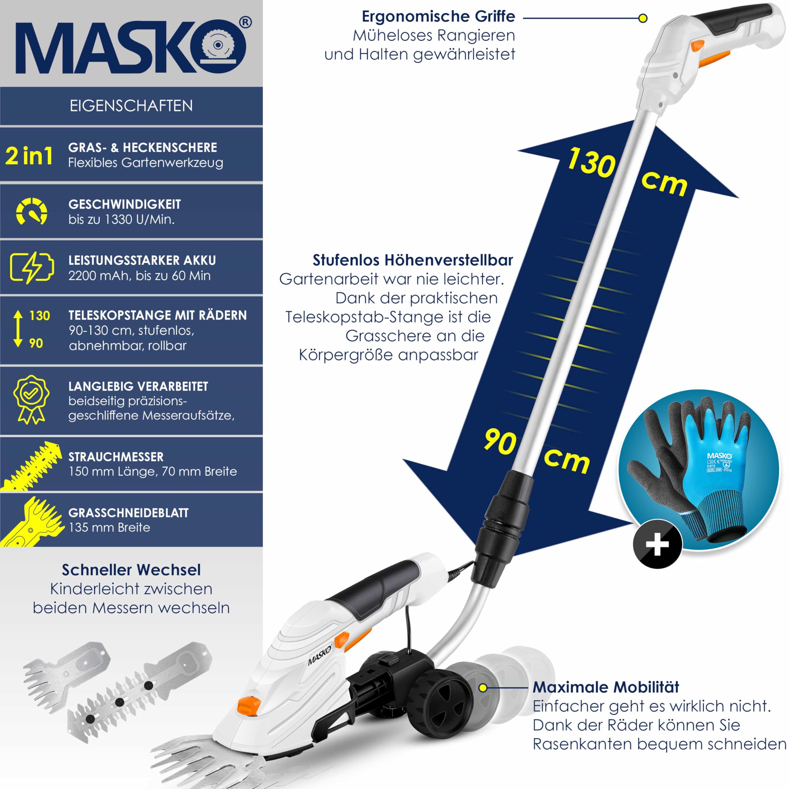 MASKO® Set cesoie-batteria 7,2 V, 2000 mA/h, tagliasiepi giardino, caricabatterie, guanti, coltello erba, lame, manico telescopico 90-130 cm, ruote
