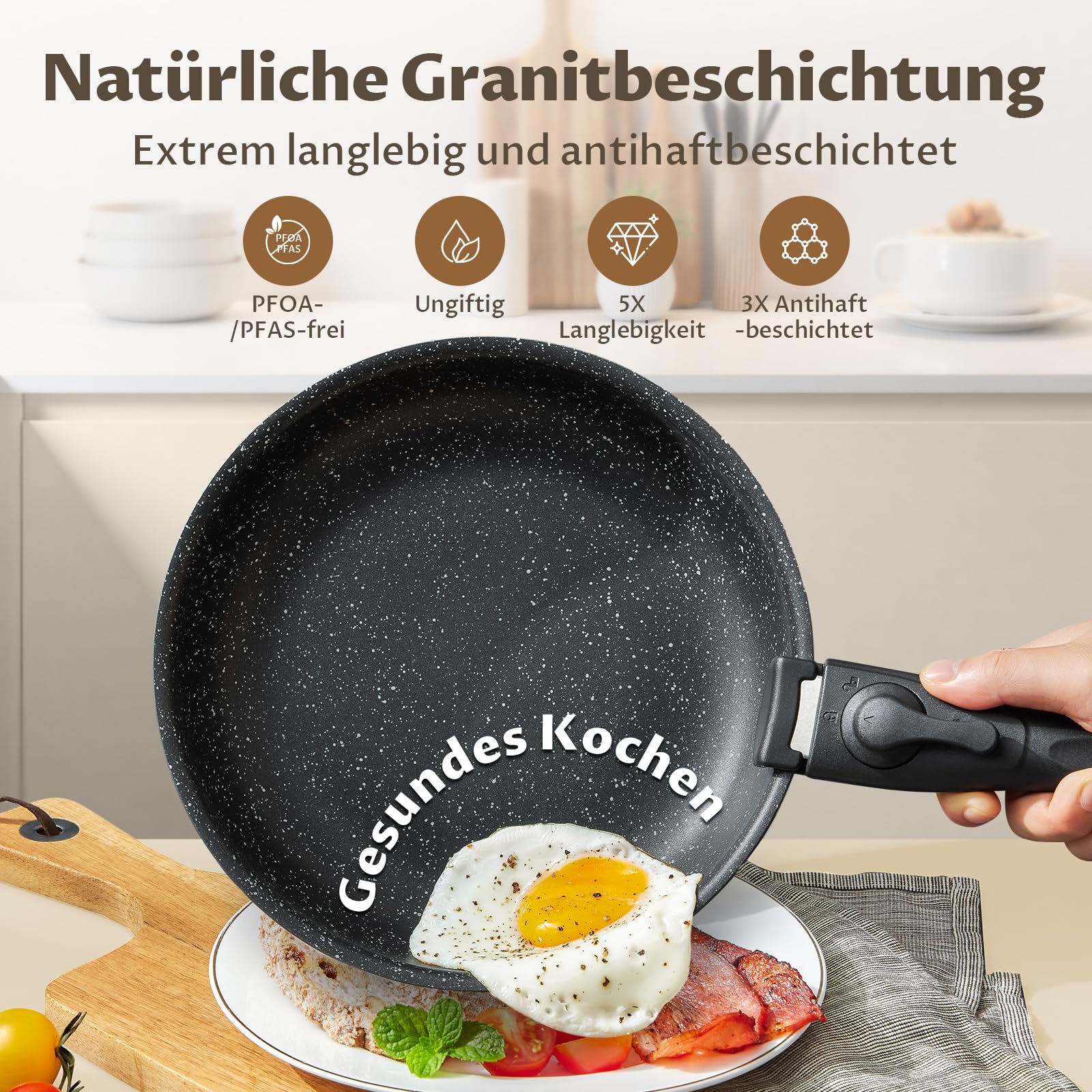 Fadware Pfannenset Induktion, Antihaftbeschichtete Bratpfanne 20, 24, 28 cm mit Abnehmbarem Griff für Kleine Küchen & Wohnmobile, Pfannen Set Stapelbar Platzsparend, für Alle Herdarten, Backofenfest