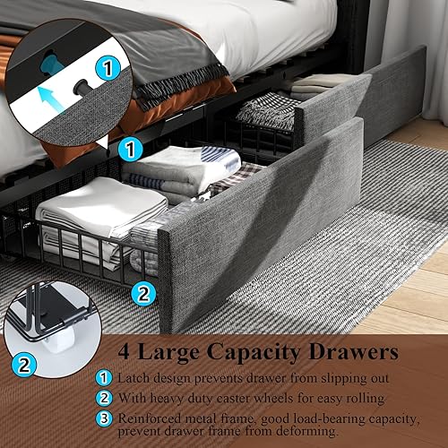 Miniatura 5 de Loomie Base de cama Queen con 4 cajones de almacenamiento y estación de carga, cama de plataforma tapizada con cabecera de almacenamiento con