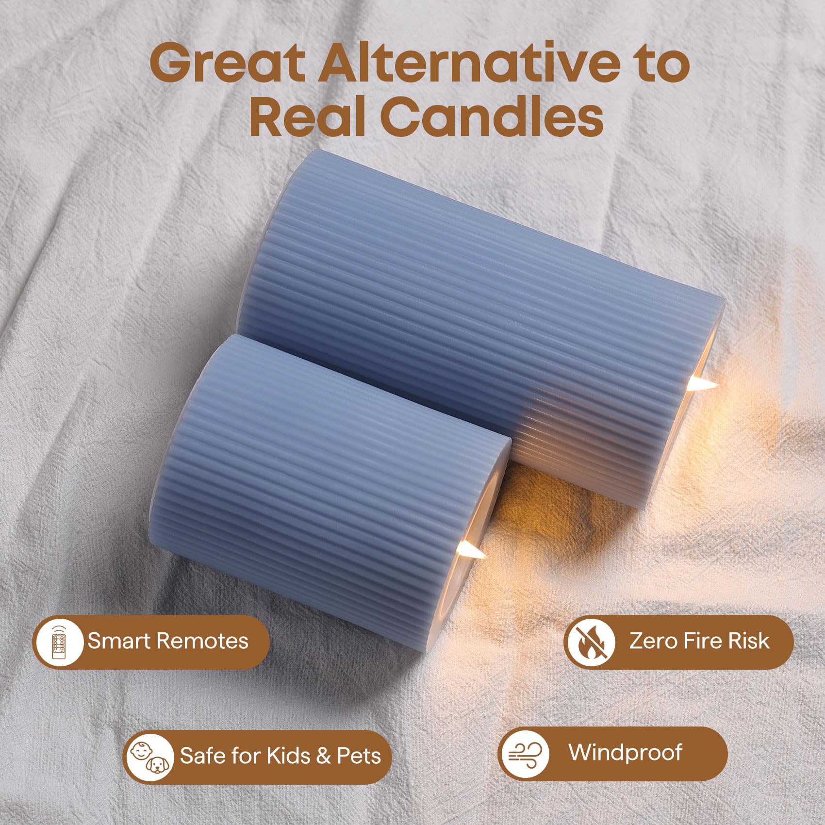 Candele a pilastro senza fiamma a coste blu polveroso con telecomando, fiamma tremolante in movimento, candele a LED di cera a batteria, decorazione per la casa, set di 2