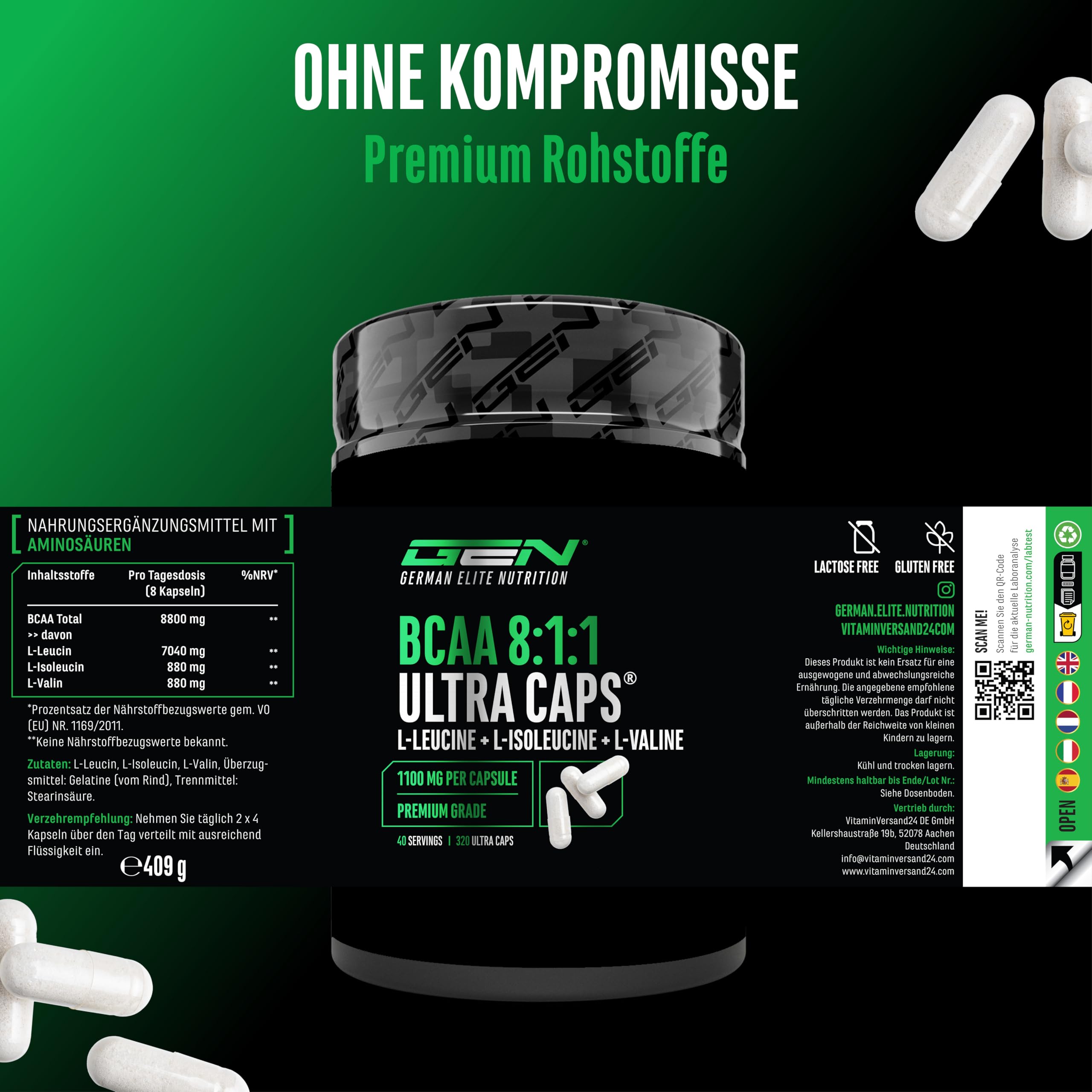 GEN GERMAN ELITE NUTRITION BCAA 8:1:1 ULTRA CAPS® - 320 Kapseln | 1100 mg pro Kapsel, hoher L-Leucin Anteil, 8800 mg BCAA pro Tagesportion, essentielle Aminosäuren