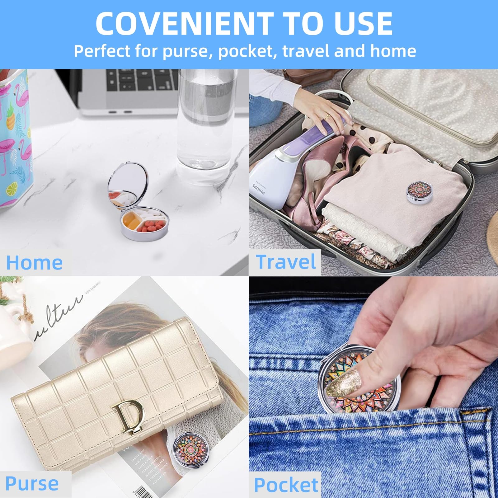 Pillendose Klein für Unterwegs, Tragbarer Pille Organizer für Medizin Fischöle Vitamine, Metall Nette Reise Geldbeutel Tasche Tablettenbox Halter (Sonne und Mond) Drogerie & Körperpflege