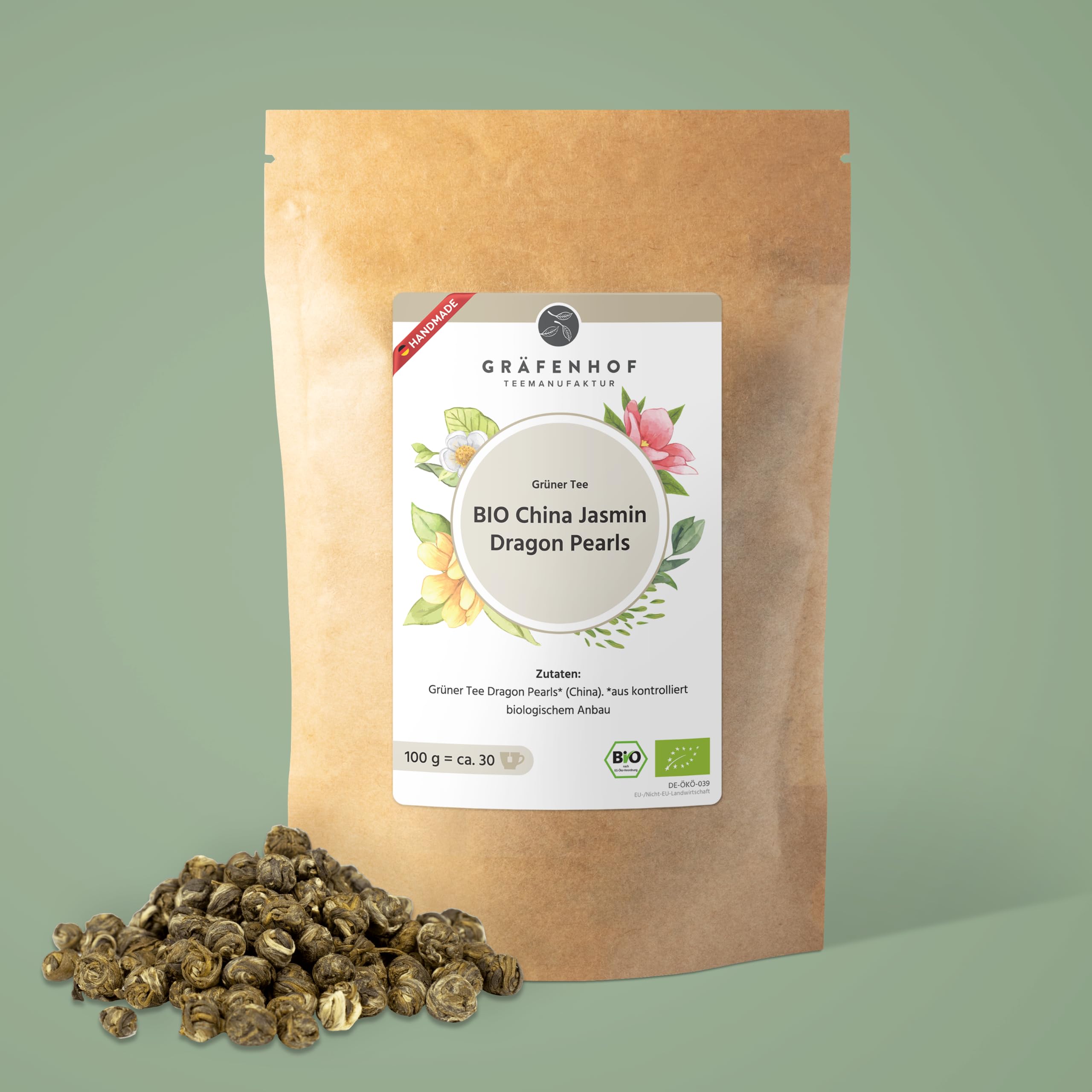 Gräfenhof China Jasmin Dragon Pearls Grüner Tee Bio, 300g (3x 100g) loser Tee aus 100% Grüner Tee Dragon Pearls, mit natürlichem Koffein, Premium Qualität, in DE abgefüllt