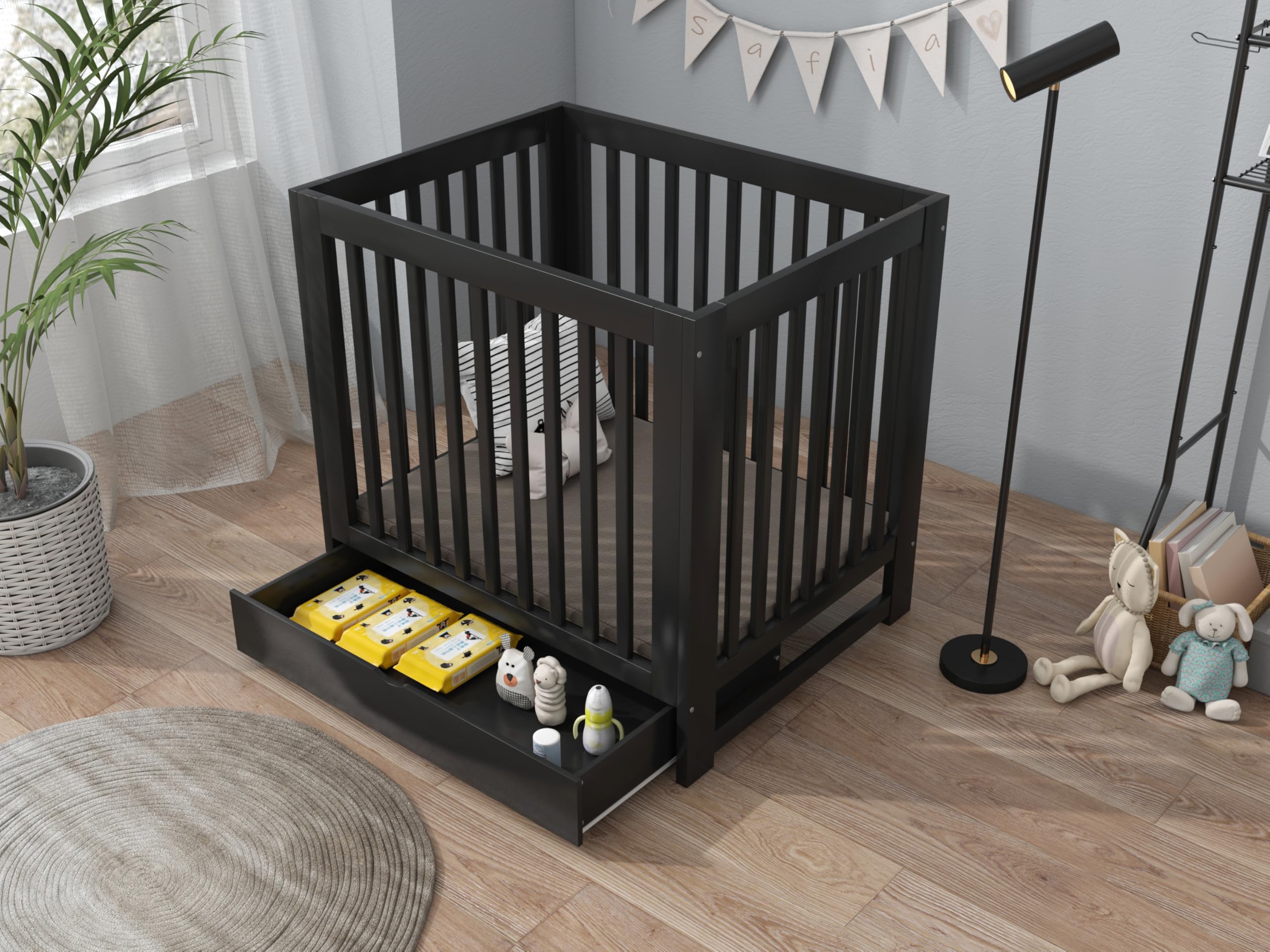 Laufgitter Quin mit Schublade, Schwarz, Holz, 100 x 100 x 80 cm, von 0 bis 36 Monaten
