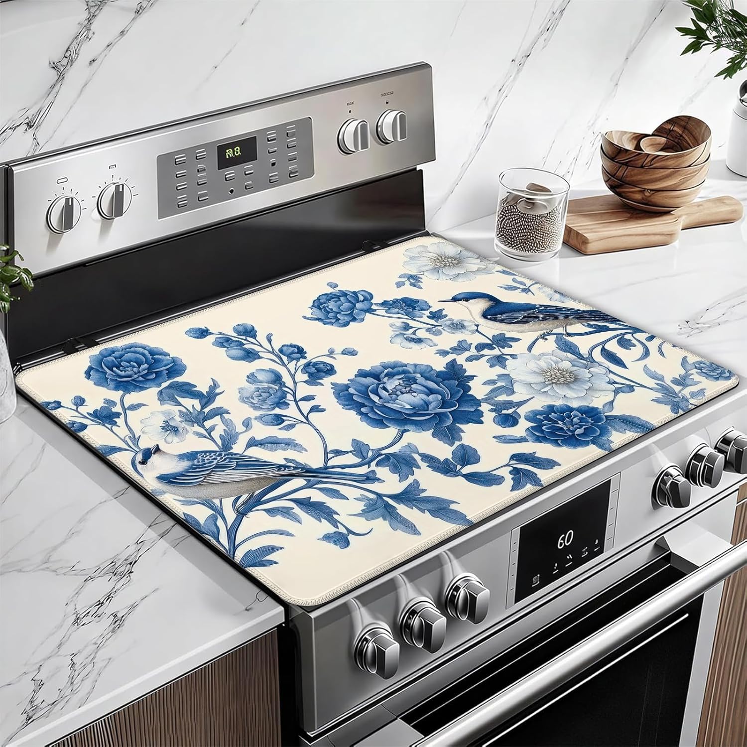 Blooming Blue Flower Stove Top Covers for Electric Stove, Birds Electric Gas Stove Pad Heat Resistant Range Cooktop Protector for Home Decor Kitchen 28"x20"
