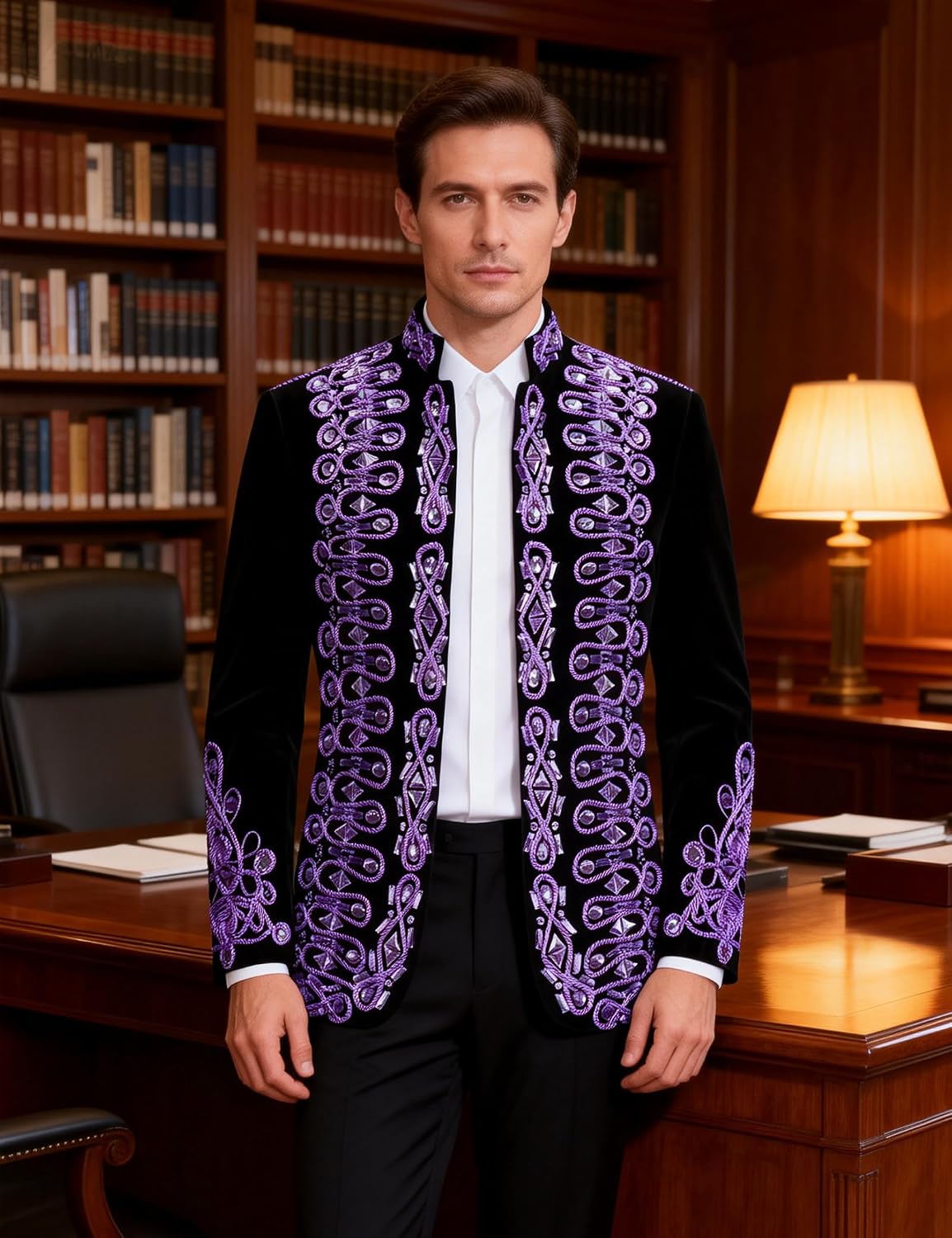 Pyiujtr Men's Standing Collar Velvet Knot Embroidery Court Blazer Masculine Baroque-Inspired Suit Jacket