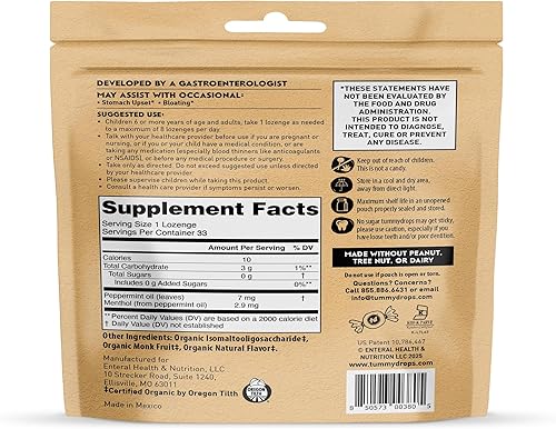 Miniatura 6 de Tummydrops, sabor a menta triturada sin azúcar, sin gluten y vegano, 33 pastillas de aceite de menta puro envueltas individualmente hechas con fruta