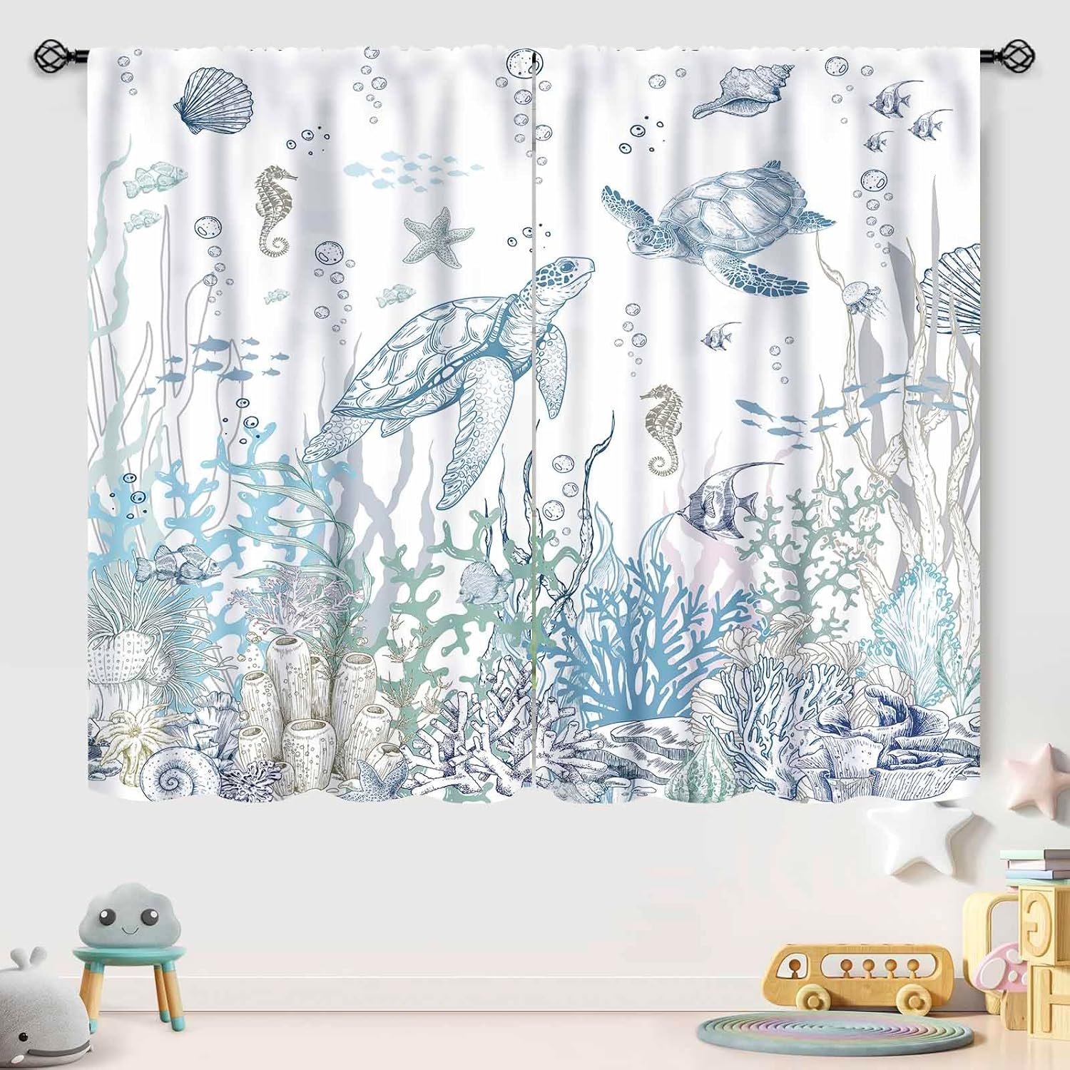 Sea Turtle Curtains,Coastal Nautical Beach Theme Blue Window Treatments for Bathroom,Tropical Beachy Under The Sea Living Room Bedroom Window Drapes,84X63 Inch