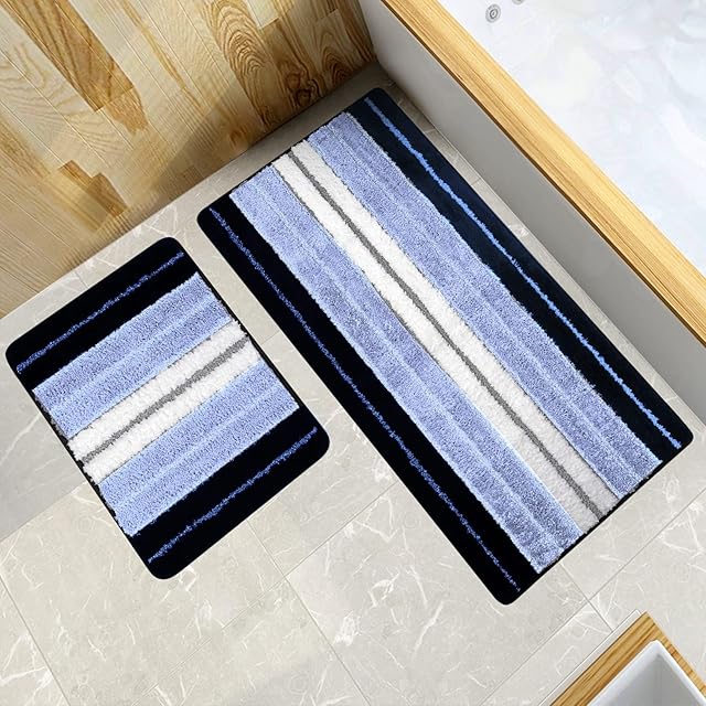 Bath Mat Set 2 Piece Bathroom Mat Ultra Soft Luxury Microfiber Long Bath Rug Runner Non Slip Highly Absorbent Machine Washable Bathroom Floor Carpet for Bathroom, Tub and Shower(Blue, 43x60 +60x120cm)